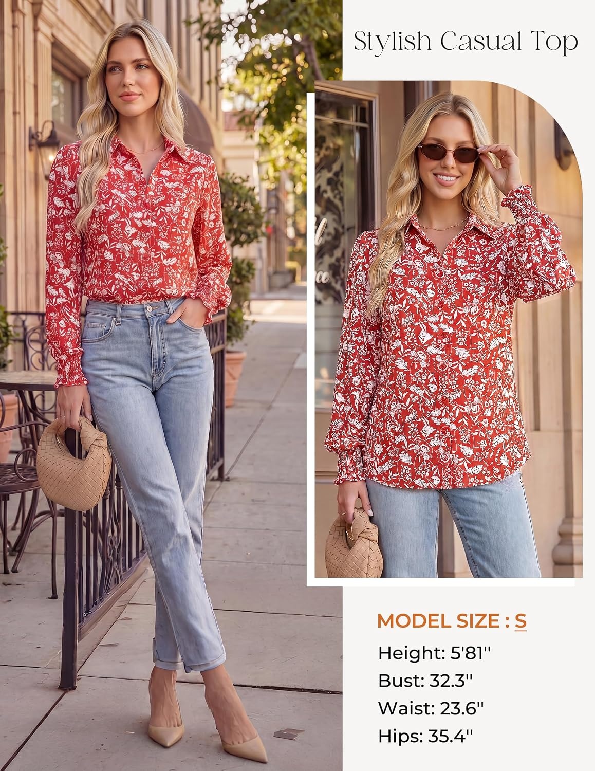 image:imageGRACE KARIN Womens Boho Floral Button Down Shirts 2026 Fall Long Sleeve Blouses Dressy Casual Fit Vacation Work TopsRed White Floral