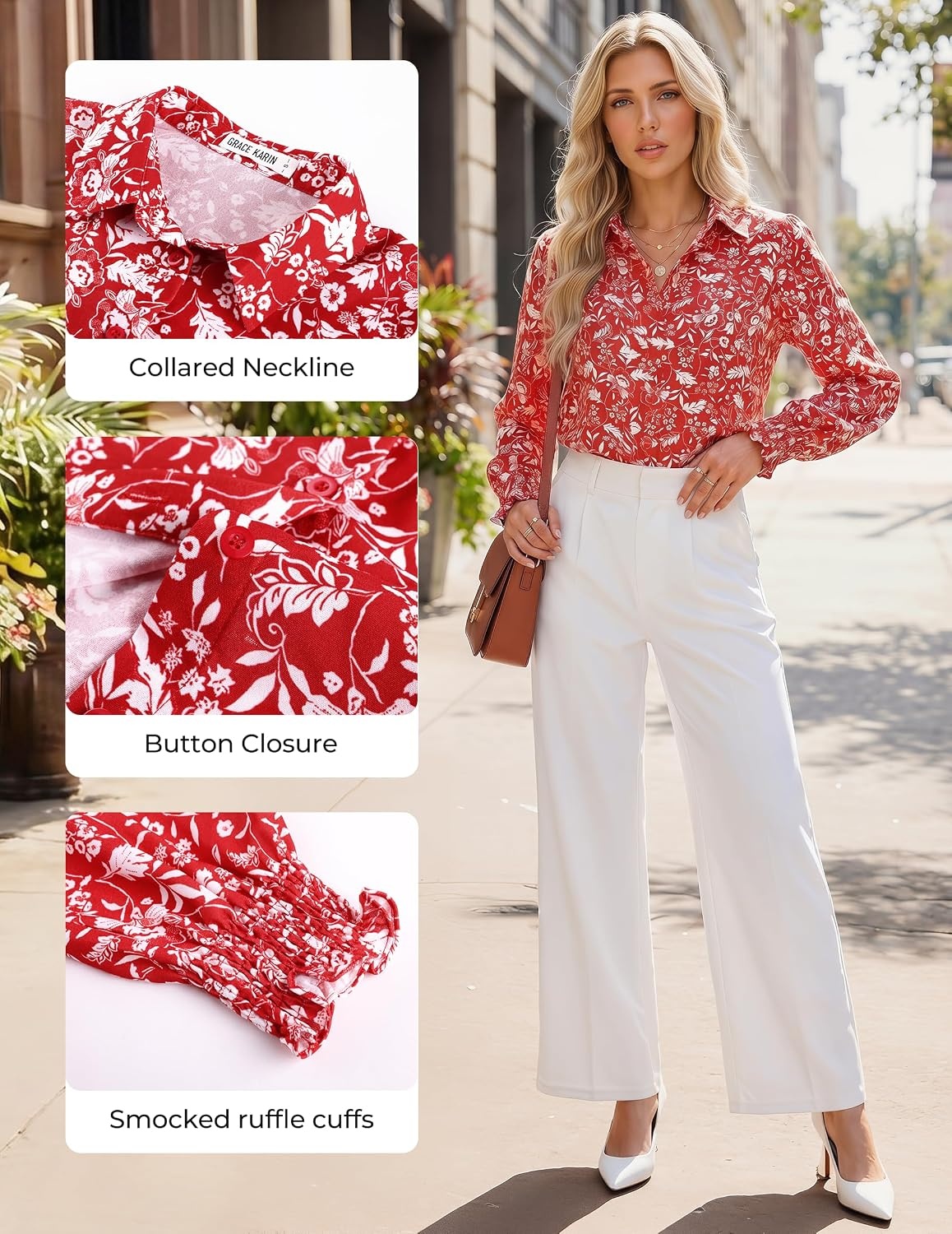 image:imageGRACE KARIN Womens Boho Floral Button Down Shirts 2026 Fall Long Sleeve Blouses Dressy Casual Fit Vacation Work TopsRed White Floral