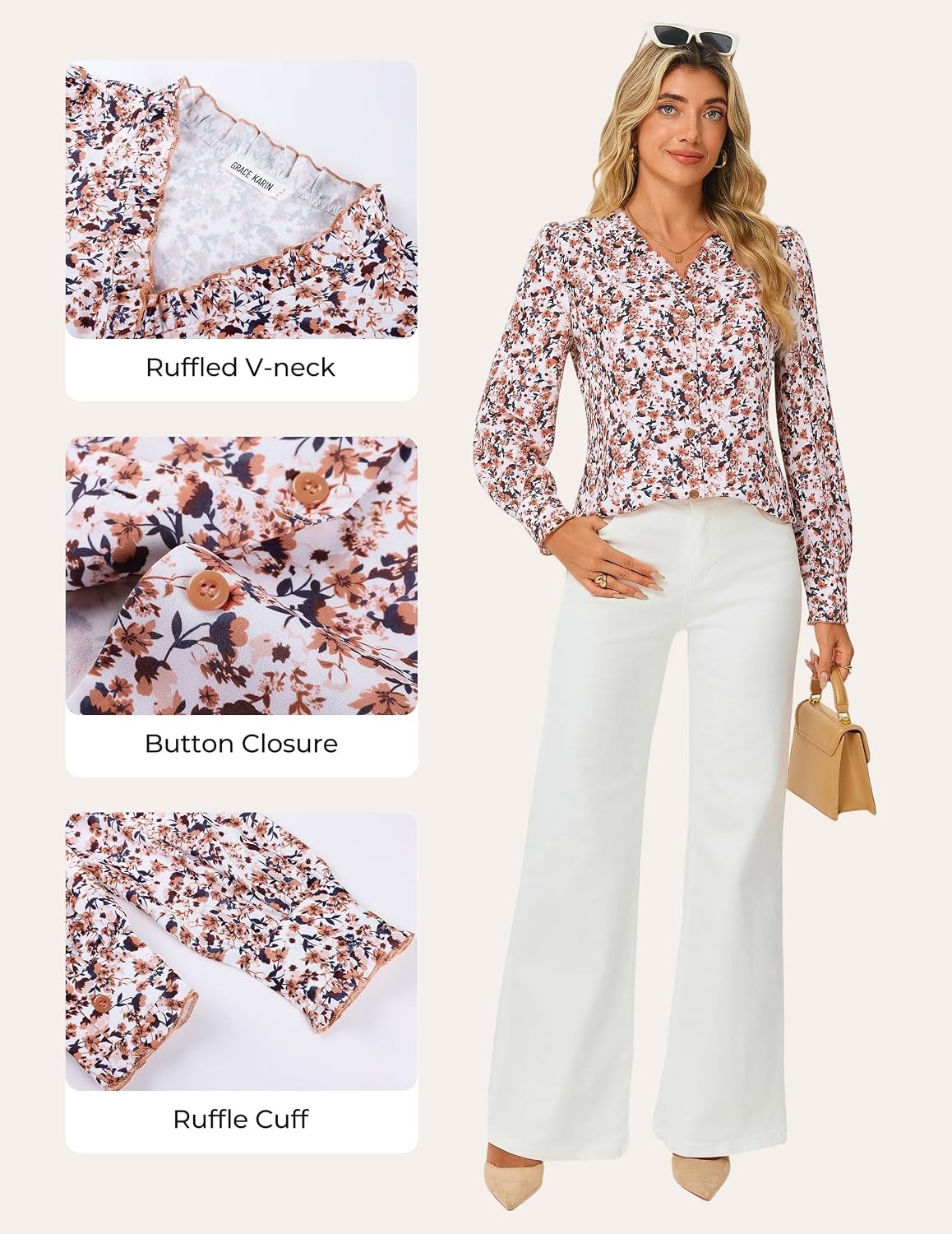 image:imageGRACE KARIN Womens Boho Floral Tops 2026 Fall Button Down Long Sleeve Blouses Dressy Casual V Neck Work Trendy ShirtsApricot Floral