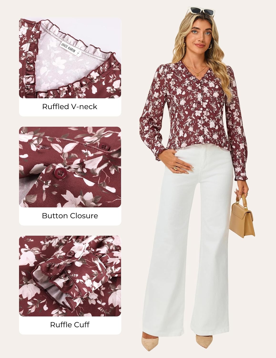 image:imageGRACE KARIN Womens Boho Floral Tops 2026 Fall Button Down Long Sleeve Blouses Dressy Casual V Neck Work Trendy ShirtsBrown White Floral