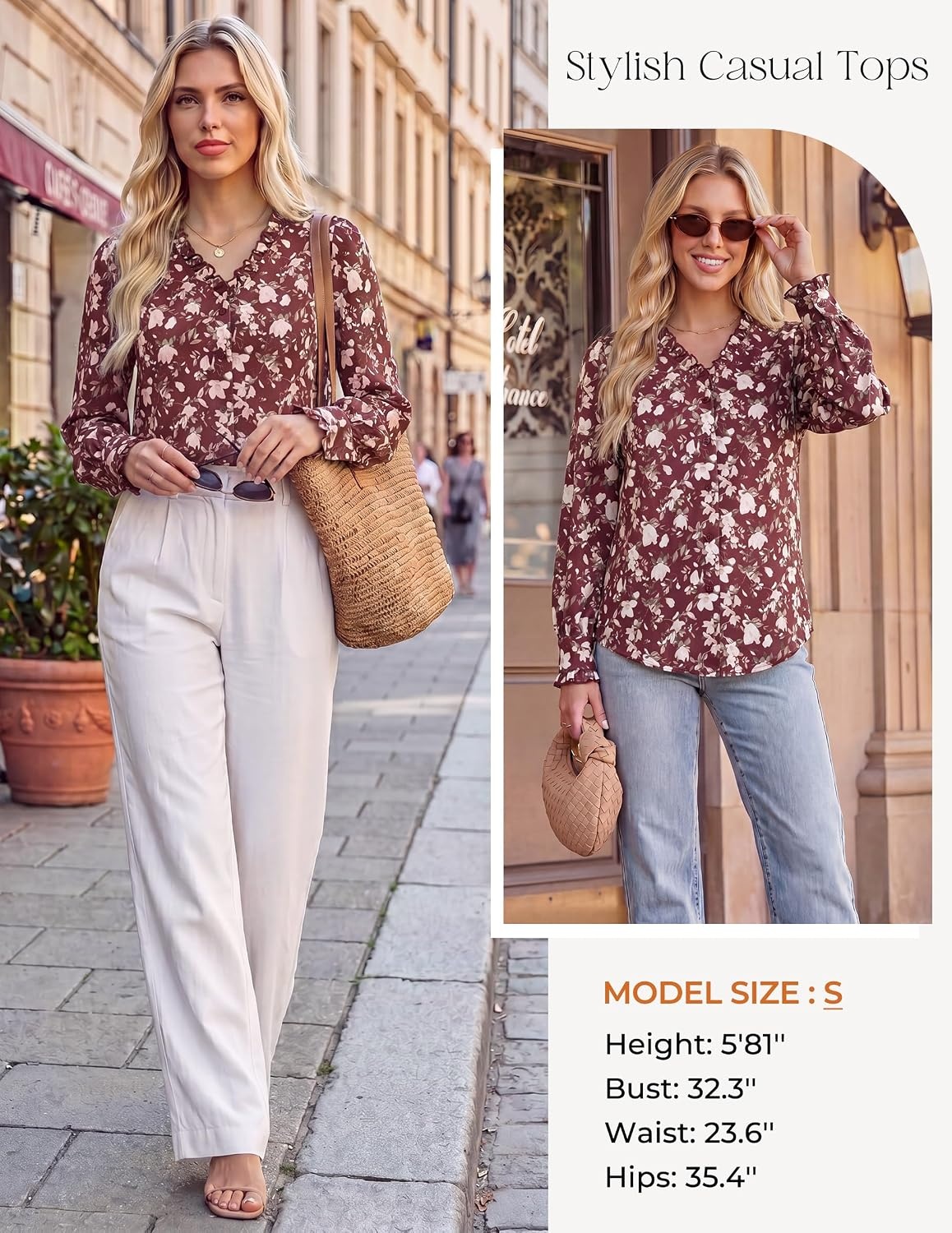 image:imageGRACE KARIN Womens Boho Floral Tops 2026 Fall Button Down Long Sleeve Blouses Dressy Casual V Neck Work Trendy ShirtsBrown White Floral