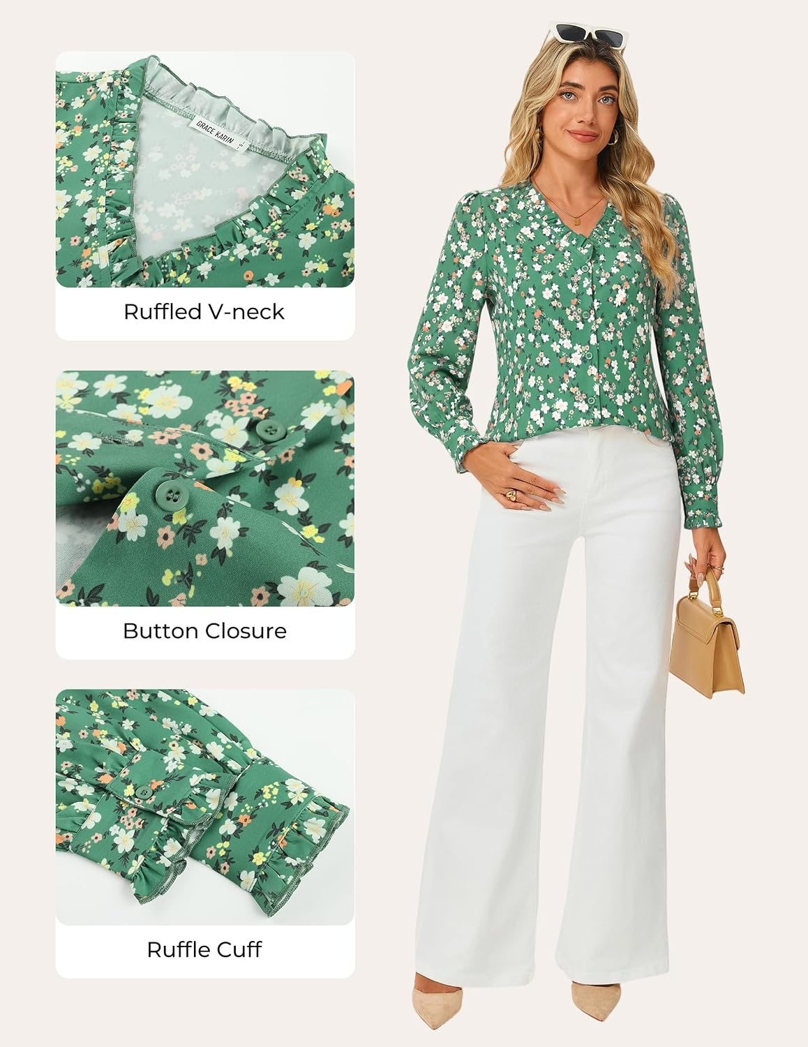 image:imageGRACE KARIN Womens Boho Floral Tops 2026 Fall Button Down Long Sleeve Blouses Dressy Casual V Neck Work Trendy ShirtsGreen