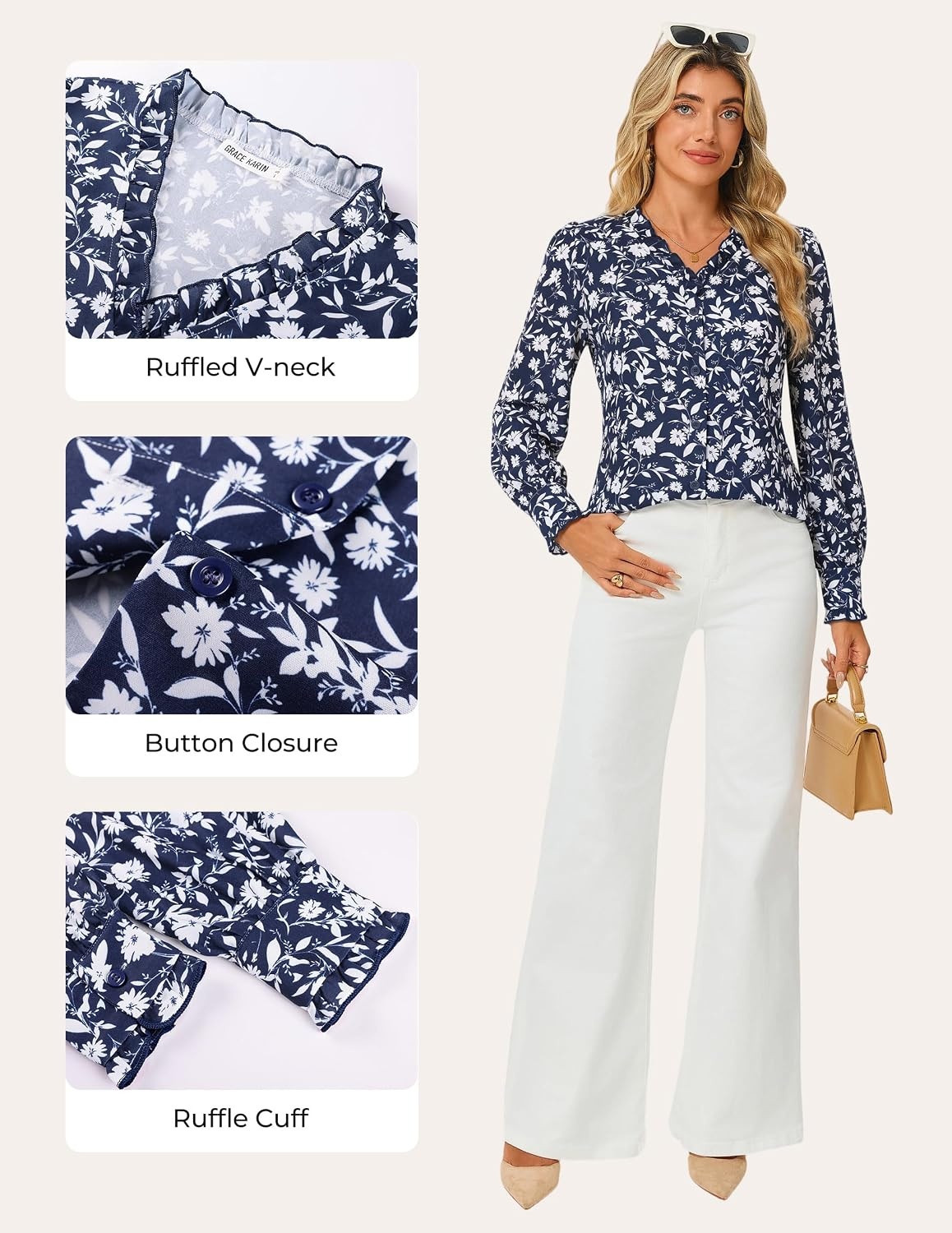 image:imageGRACE KARIN Womens Boho Floral Tops 2026 Fall Button Down Long Sleeve Blouses Dressy Casual V Neck Work Trendy ShirtsNavy Blue
