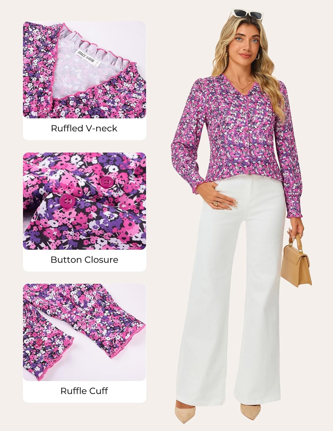 image:imageGRACE KARIN Womens Boho Floral Tops 2026 Fall Button Down Long Sleeve Blouses Dressy Casual V Neck Work Trendy ShirtsPurple