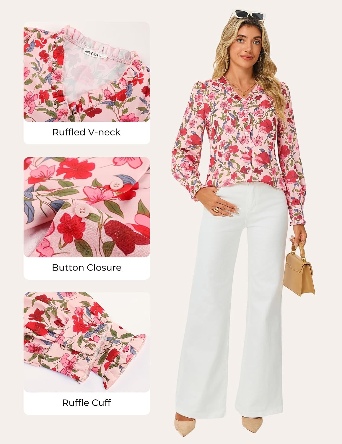 image:imageGRACE KARIN Womens Boho Floral Tops 2026 Fall Button Down Long Sleeve Blouses Dressy Casual V Neck Work Trendy ShirtsRed Pink Floral