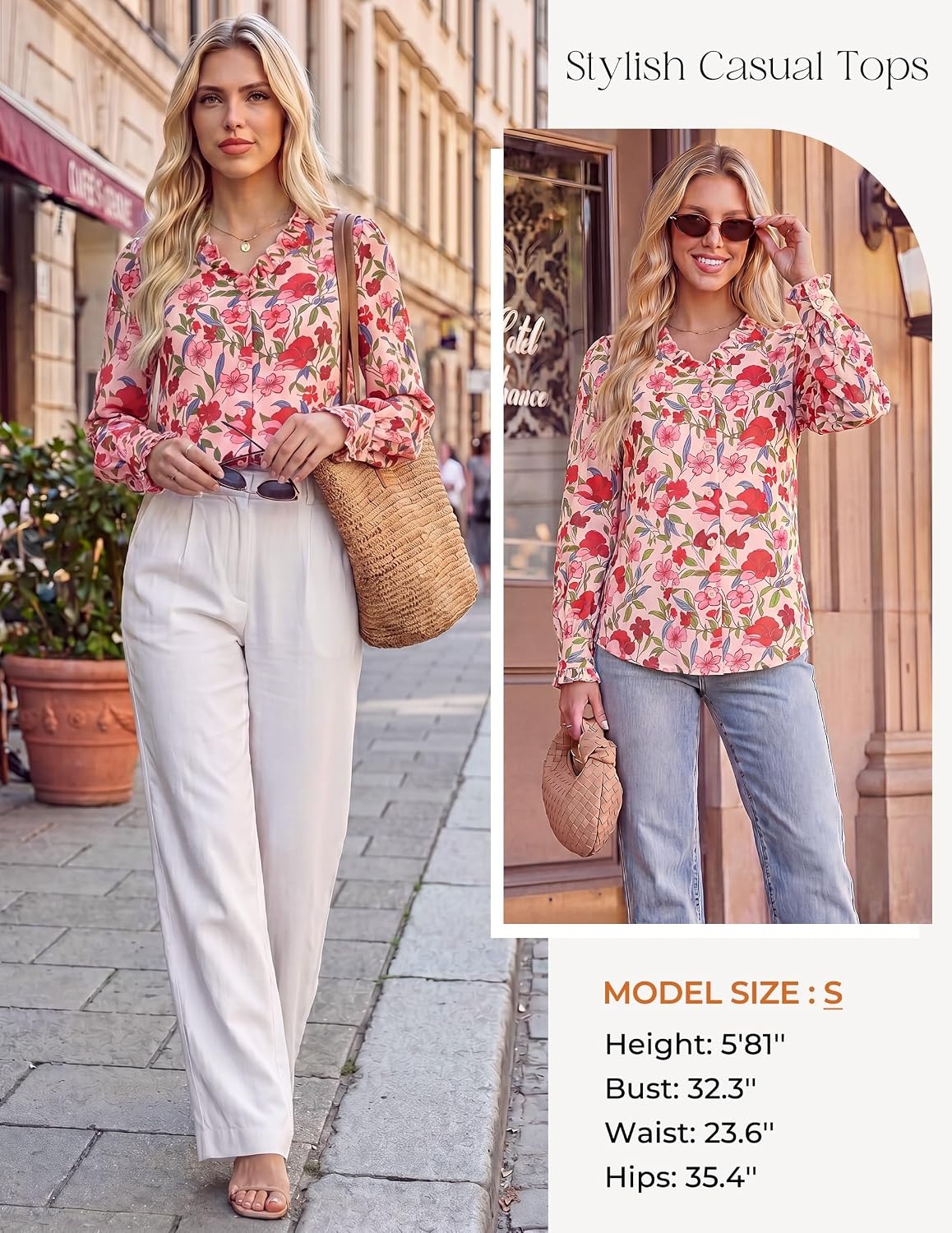 image:imageGRACE KARIN Womens Boho Floral Tops 2026 Fall Button Down Long Sleeve Blouses Dressy Casual V Neck Work Trendy ShirtsRed Pink Floral