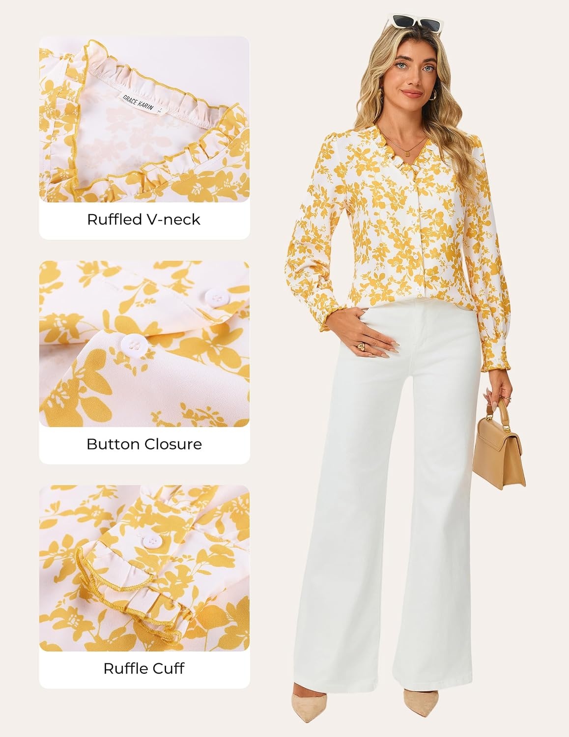 image:imageGRACE KARIN Womens Boho Floral Tops 2026 Fall Button Down Long Sleeve Blouses Dressy Casual V Neck Work Trendy ShirtsYellow White Floral
