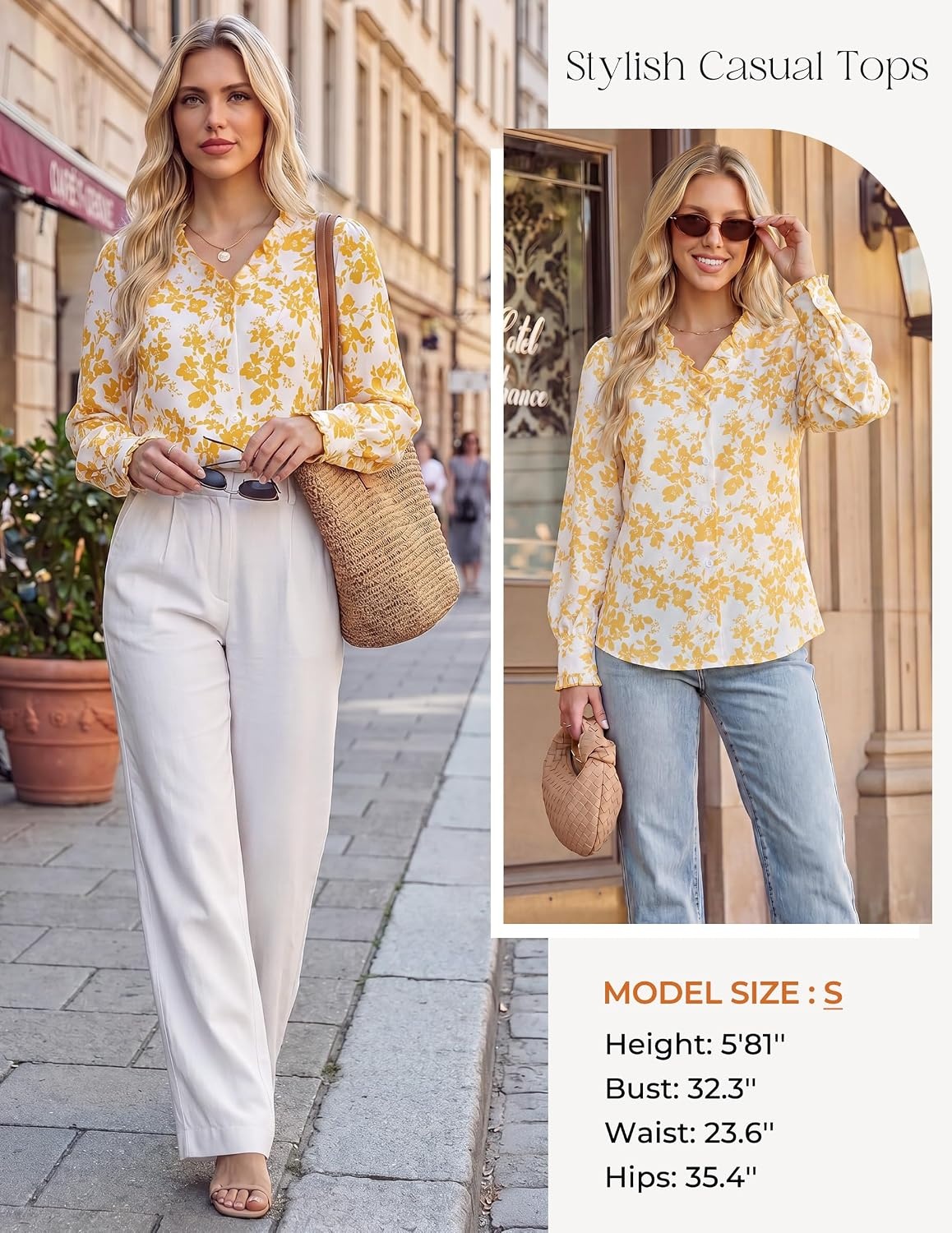 image:imageGRACE KARIN Womens Boho Floral Tops 2026 Fall Button Down Long Sleeve Blouses Dressy Casual V Neck Work Trendy ShirtsYellow White Floral