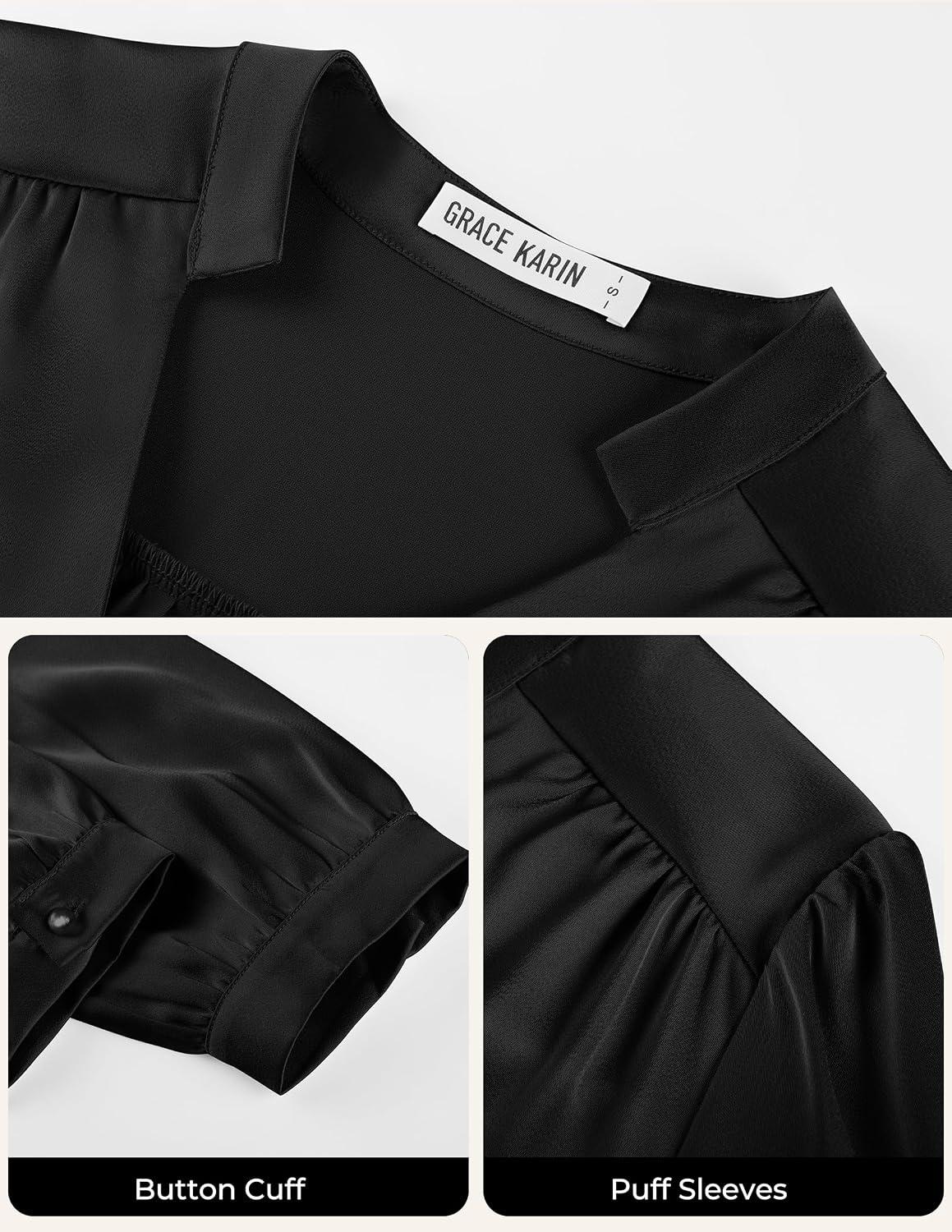 image:imageGRACE KARIN Womens Business Casual Tops Long Sleeve Work Satin Blouses Dressy V Neck Silk Shirts Fall Trendy OutfitsBlack