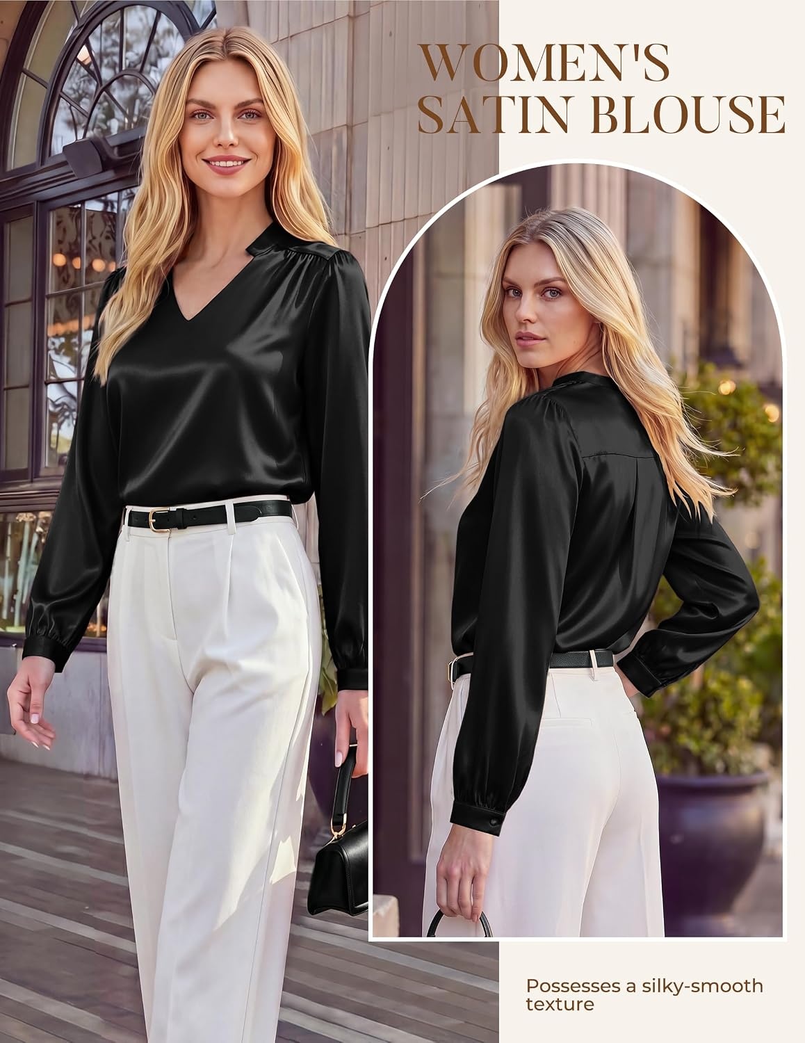 image:imageGRACE KARIN Womens Business Casual Tops Long Sleeve Work Satin Blouses Dressy V Neck Silk Shirts Fall Trendy OutfitsBlack
