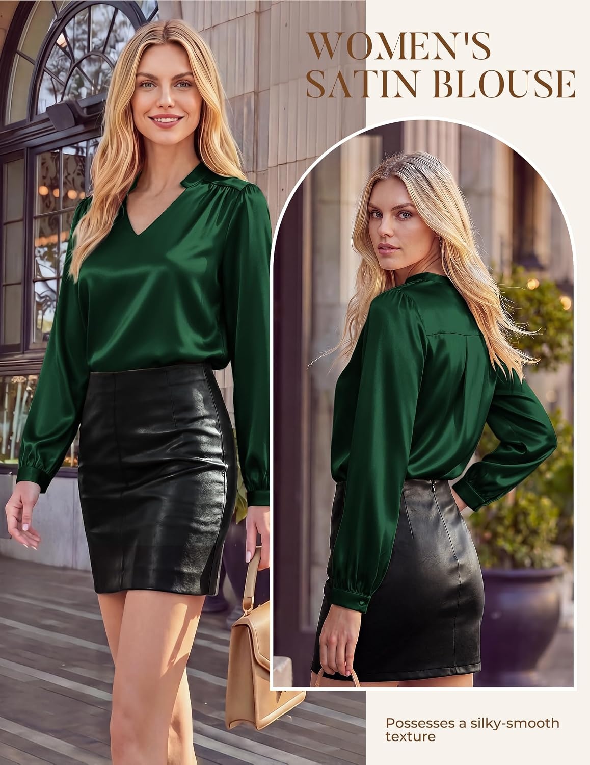 image:imageGRACE KARIN Womens Business Casual Tops Long Sleeve Work Satin Blouses Dressy V Neck Silk Shirts Fall Trendy OutfitsDark Green