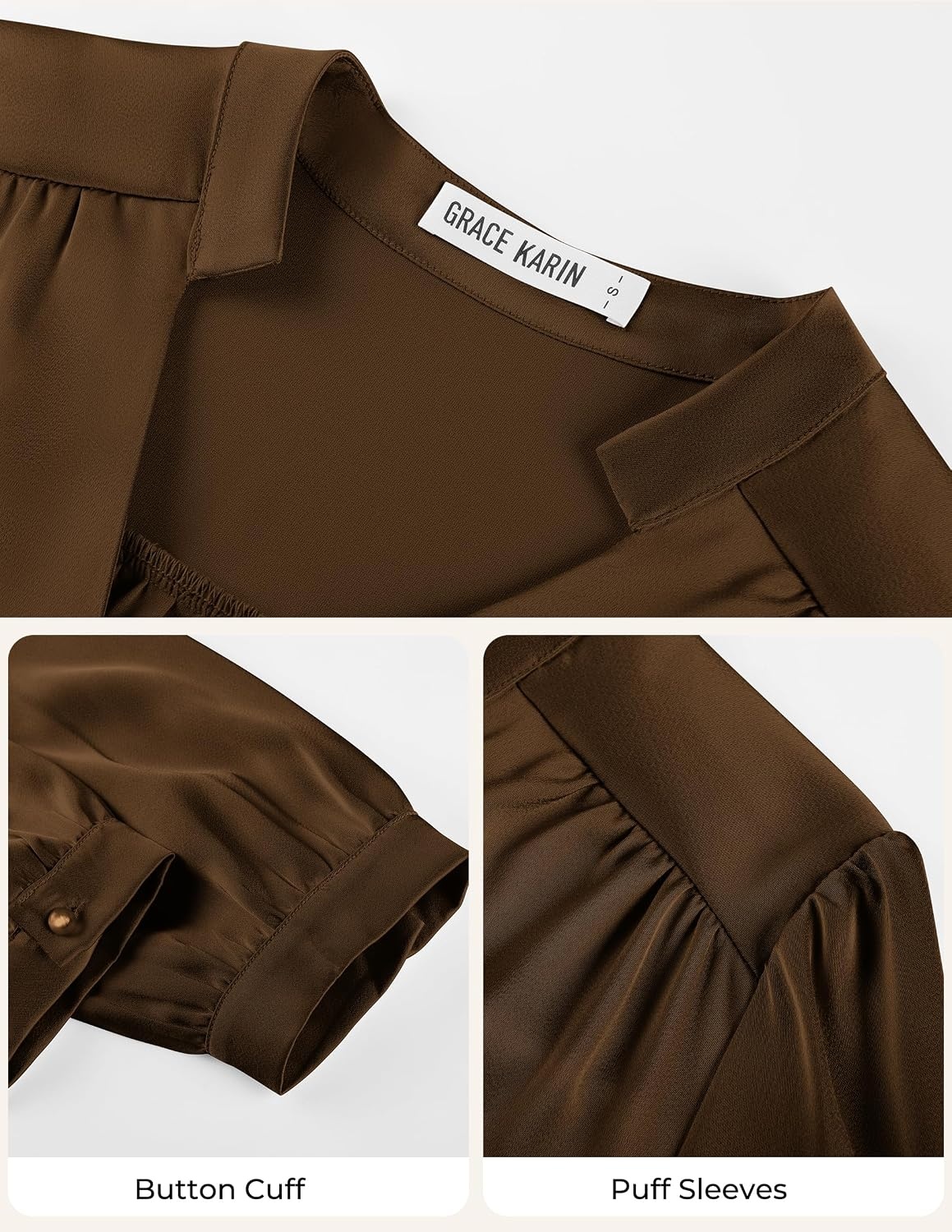 image:imageGRACE KARIN Womens Business Casual Tops Long Sleeve Work Satin Blouses Dressy V Neck Silk Shirts Fall Trendy OutfitsKhaki