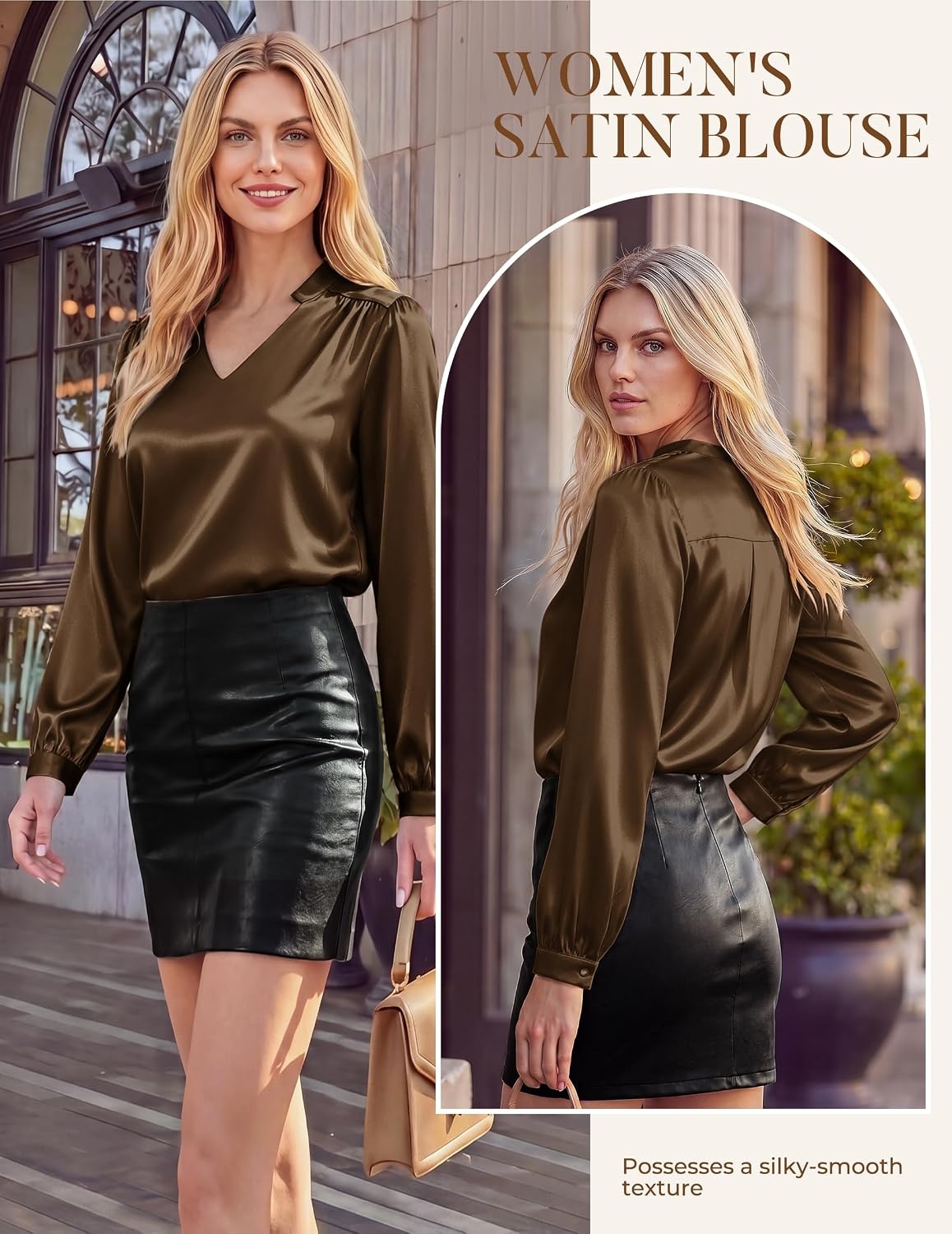 image:imageGRACE KARIN Womens Business Casual Tops Long Sleeve Work Satin Blouses Dressy V Neck Silk Shirts Fall Trendy OutfitsKhaki