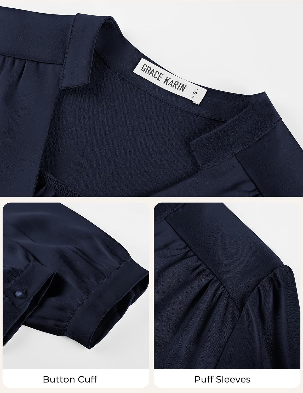 image:imageGRACE KARIN Womens Business Casual Tops Long Sleeve Work Satin Blouses Dressy V Neck Silk Shirts Fall Trendy OutfitsNavy Blue