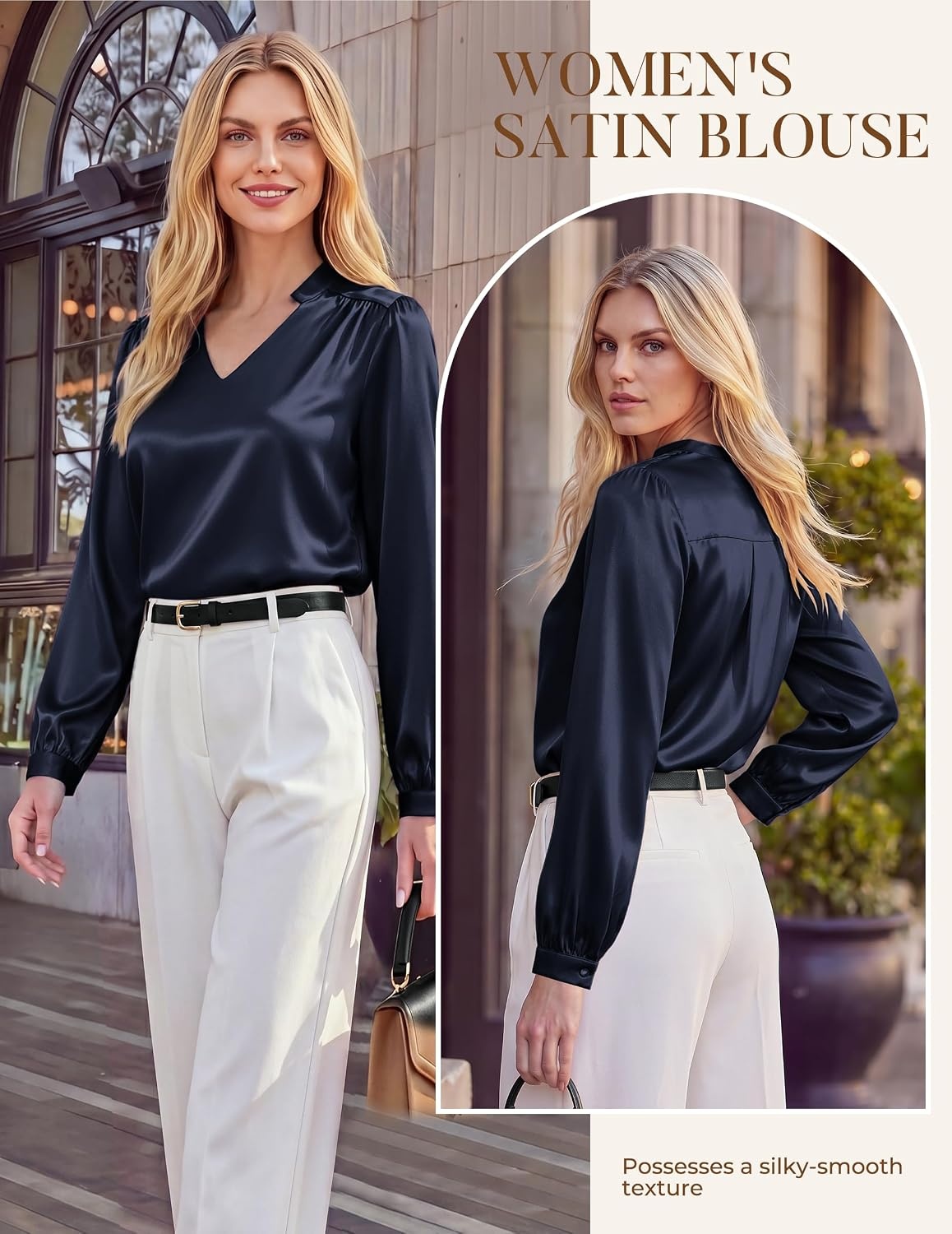 image:imageGRACE KARIN Womens Business Casual Tops Long Sleeve Work Satin Blouses Dressy V Neck Silk Shirts Fall Trendy OutfitsNavy Blue
