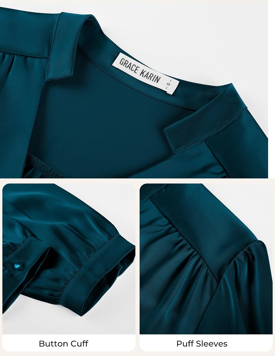 image:imageGRACE KARIN Womens Business Casual Tops Long Sleeve Work Satin Blouses Dressy V Neck Silk Shirts Fall Trendy OutfitsPeacock Blue