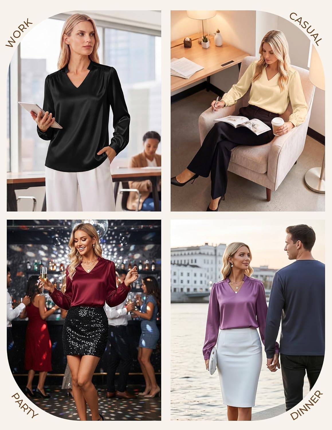 image:imageGRACE KARIN Womens Business Casual Tops Long Sleeve Work Satin Blouses Dressy V Neck Silk Shirts Fall Trendy OutfitsPeacock Blue