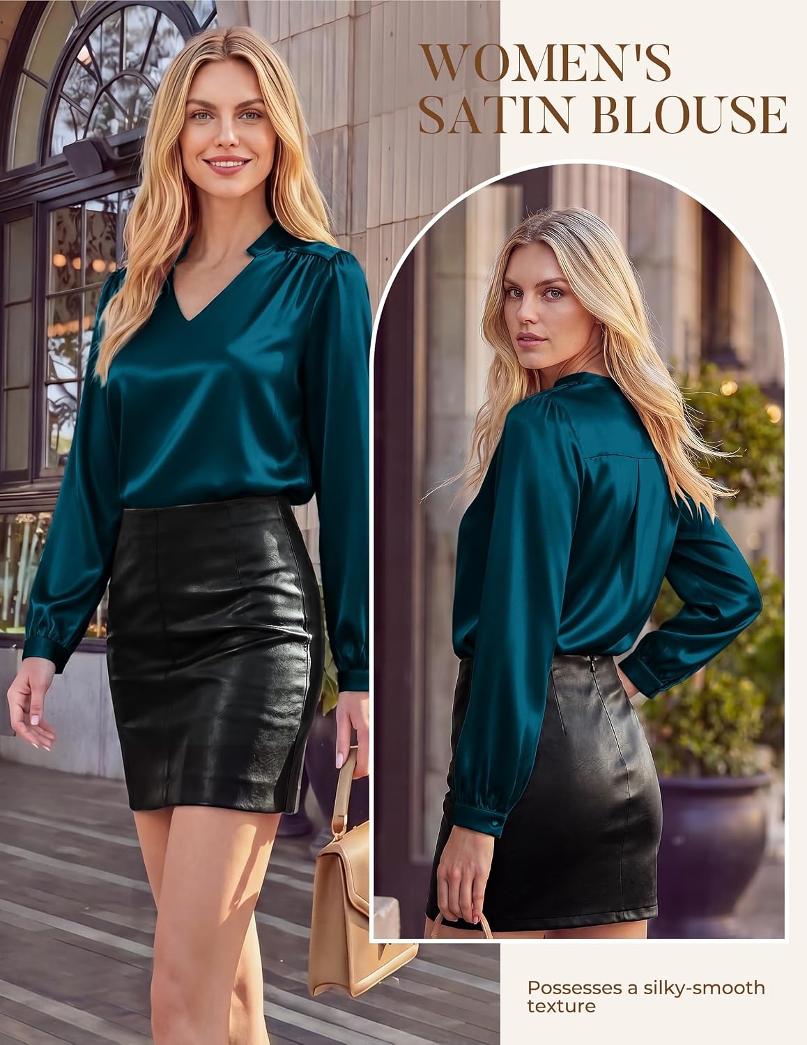 image:imageGRACE KARIN Womens Business Casual Tops Long Sleeve Work Satin Blouses Dressy V Neck Silk Shirts Fall Trendy OutfitsPeacock Blue