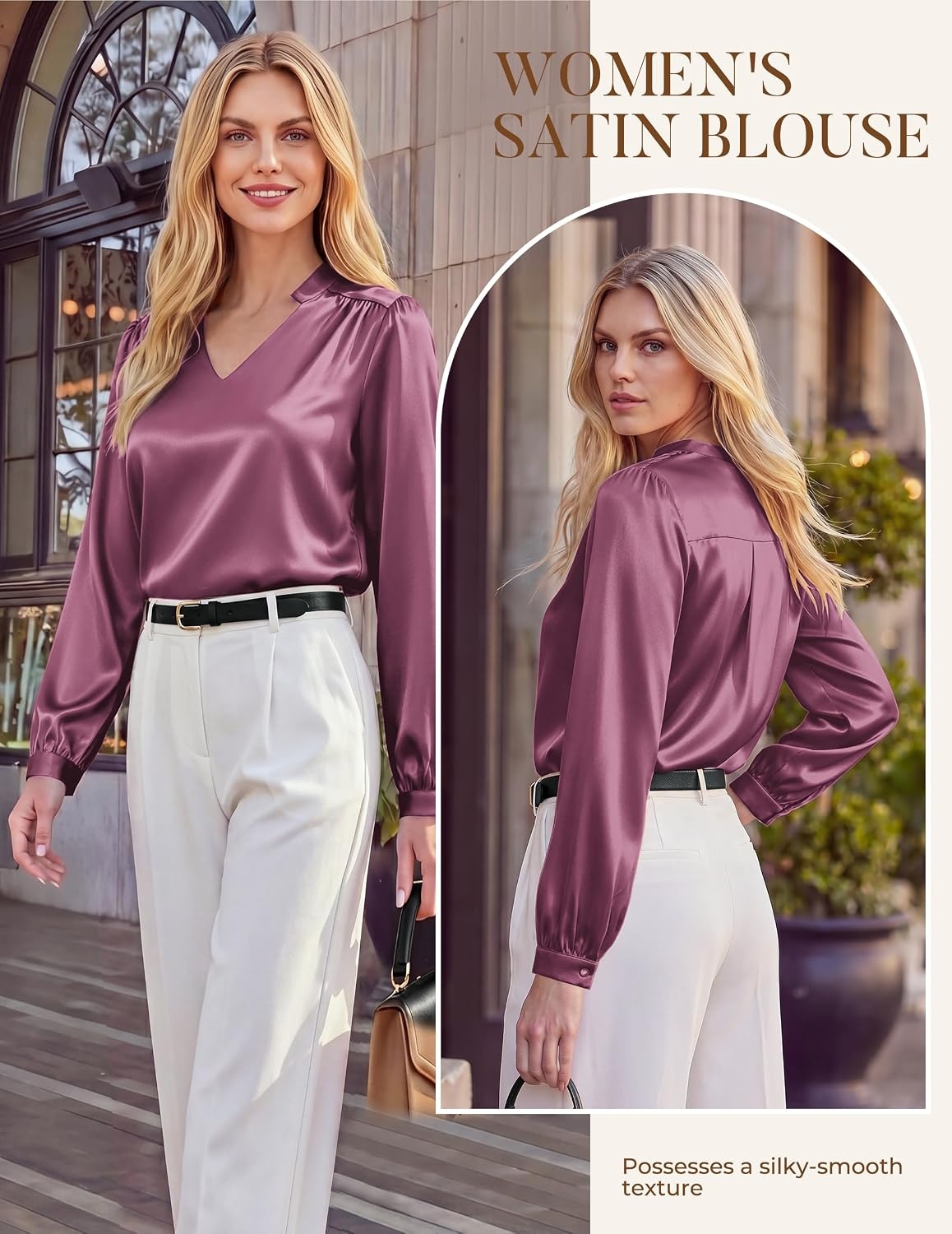 image:imageGRACE KARIN Womens Business Casual Tops Long Sleeve Work Satin Blouses Dressy V Neck Silk Shirts Fall Trendy OutfitsPurple