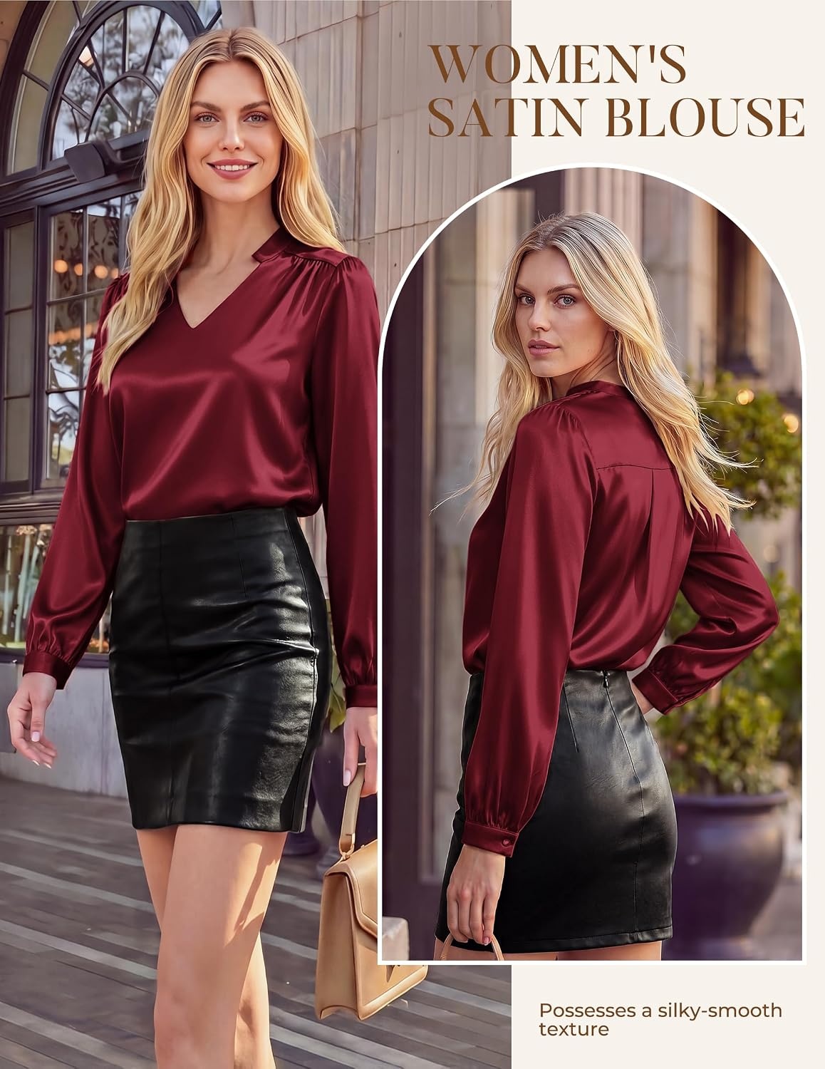 image:imageGRACE KARIN Womens Business Casual Tops Long Sleeve Work Satin Blouses Dressy V Neck Silk Shirts Fall Trendy OutfitsWine Red