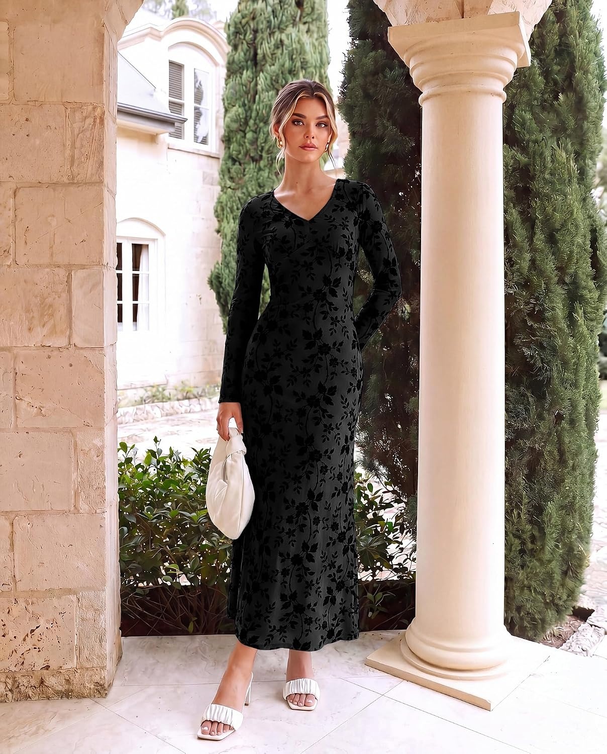 image:imageGRACE KARIN Womens Floral Long Sleeve DressesFormal Bodycon Wedding Guest DressV Neck Mesh Cocktail Maxi DressesBlack