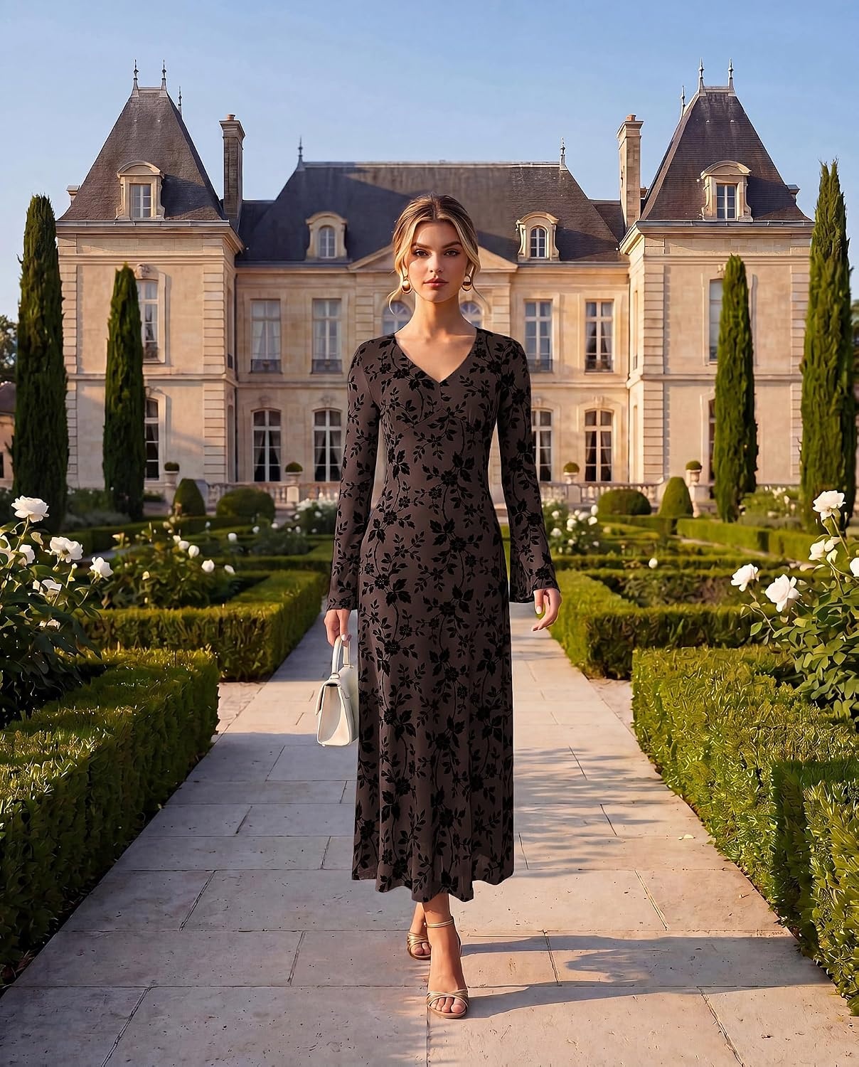 image:imageGRACE KARIN Womens Floral Long Sleeve DressesFormal Bodycon Wedding Guest DressV Neck Mesh Cocktail Maxi DressesCoffee