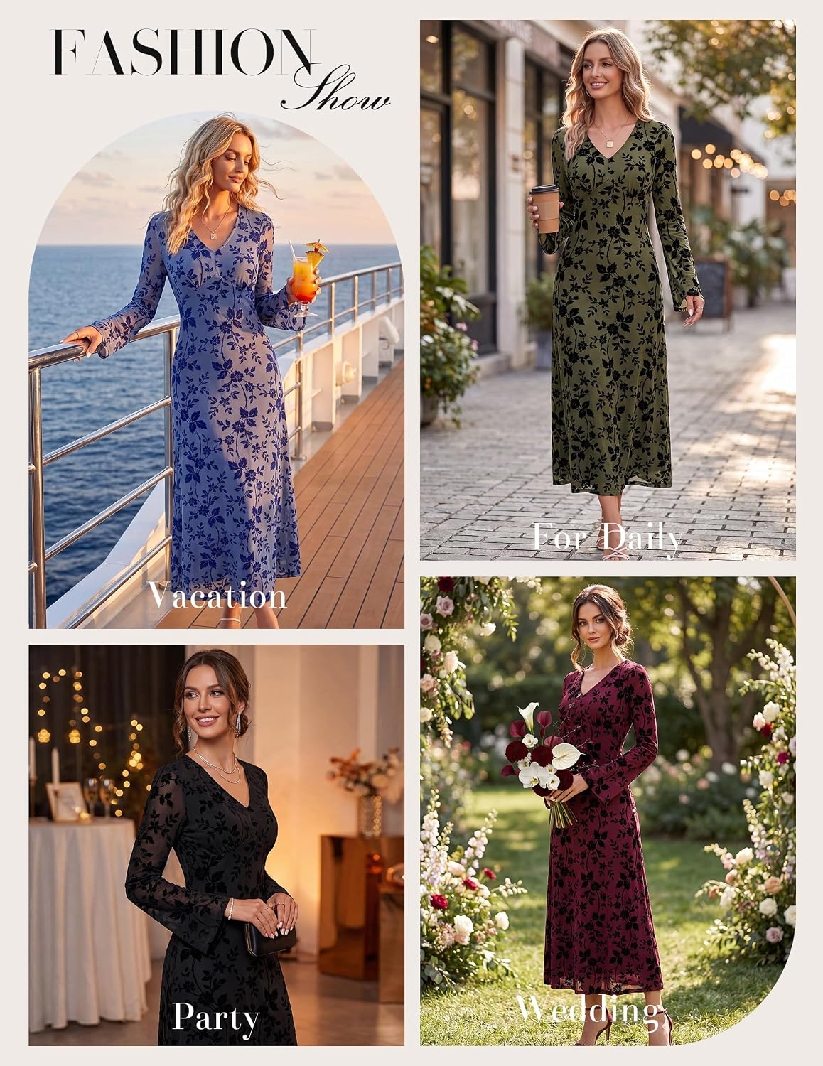 image:imageGRACE KARIN Womens Floral Long Sleeve DressesFormal Bodycon Wedding Guest DressV Neck Mesh Cocktail Maxi DressesDark Wine