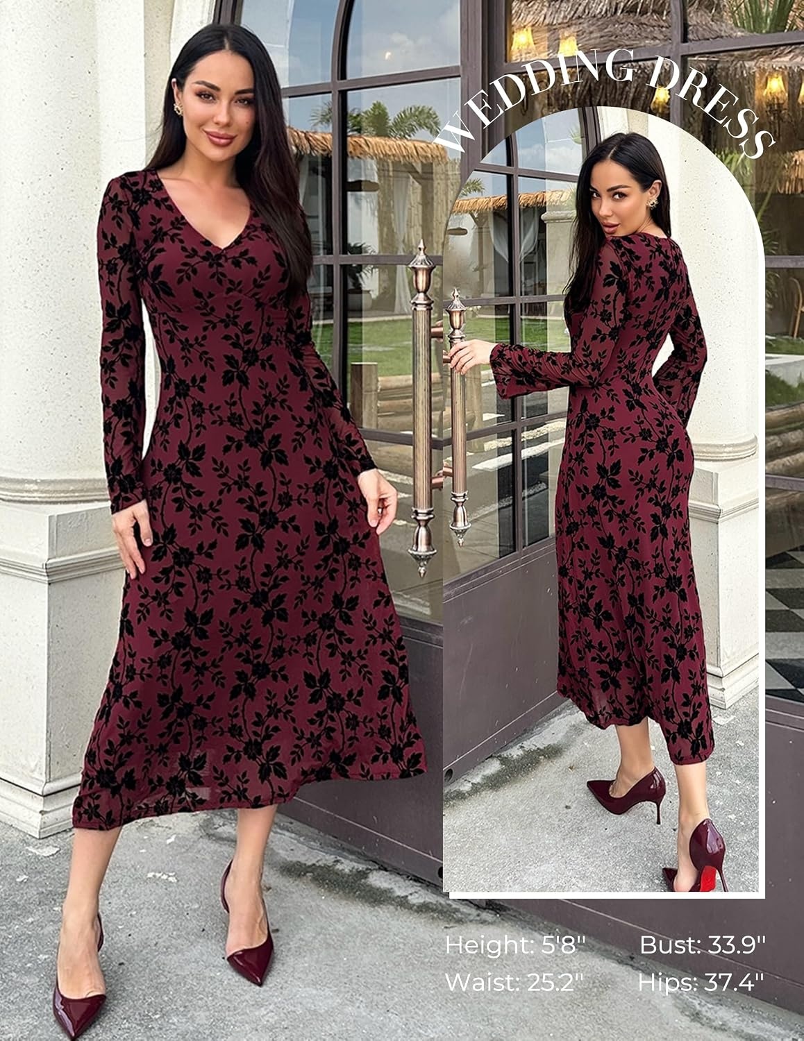 image:imageGRACE KARIN Womens Floral Long Sleeve DressesFormal Bodycon Wedding Guest DressV Neck Mesh Cocktail Maxi DressesDark Wine
