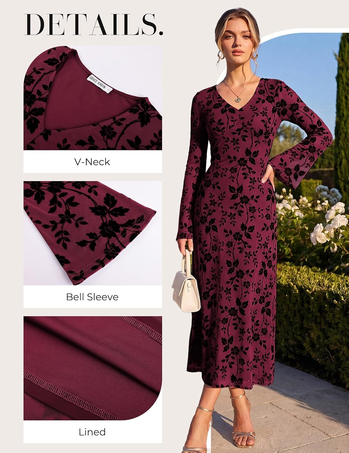 image:imageGRACE KARIN Womens Floral Long Sleeve DressesFormal Bodycon Wedding Guest DressV Neck Mesh Cocktail Maxi DressesDark Wine