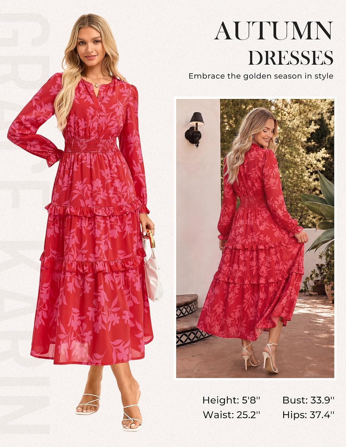 image:imageGRACE KARIN Womens Floral Long Sleeve Maxi Dress 2026 V Neck Fall Wedding Guest Outfits Boho Flowy Dresses with PocketsRed Floral