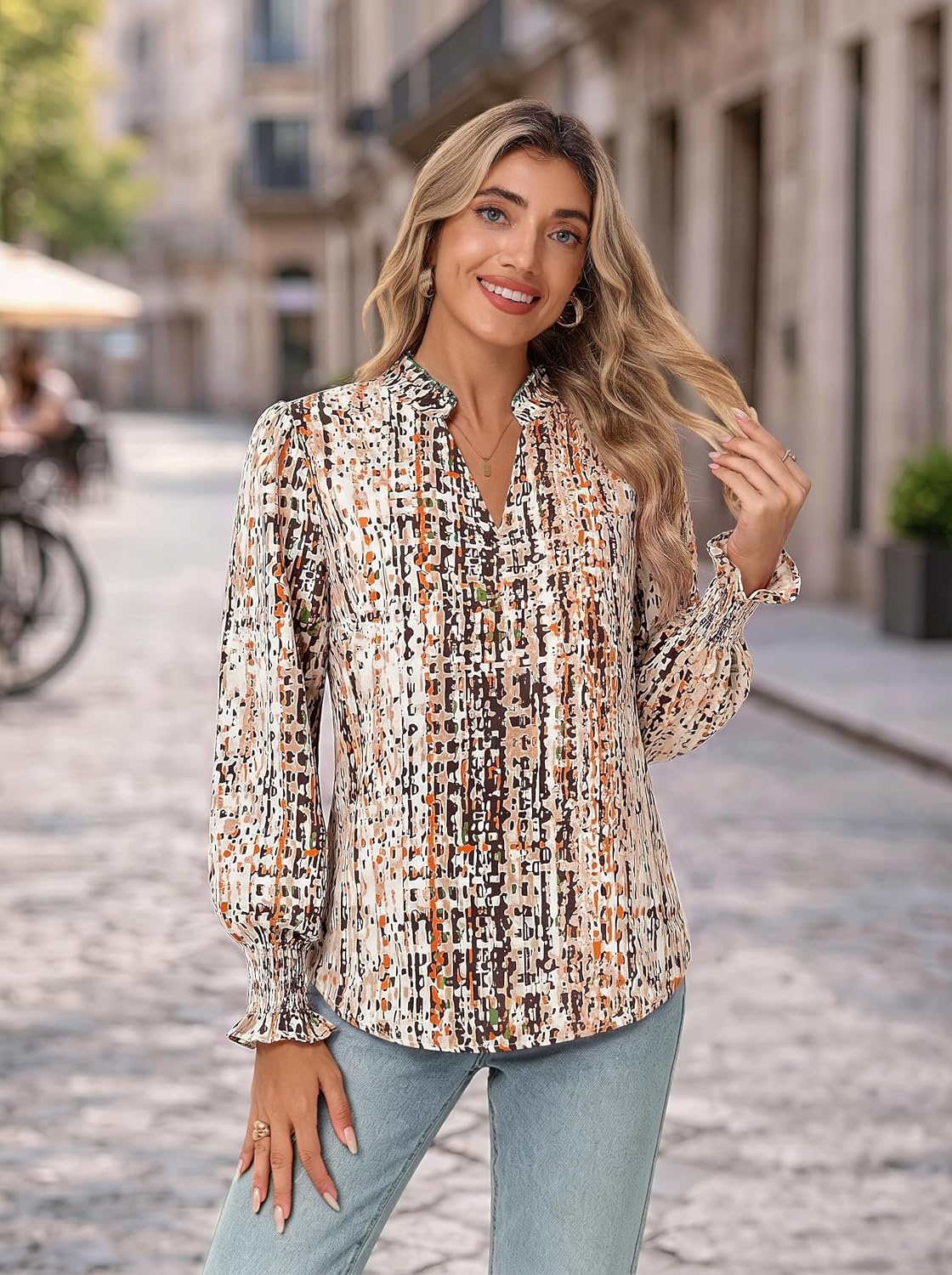 image:imageGRACE KARIN Womens Floral Long Sleeve Tops 2026 Summer V Neck Chiffon Blouses Dressy Casual Print Work Shirts Boho ClothesBeige Brown Stripe