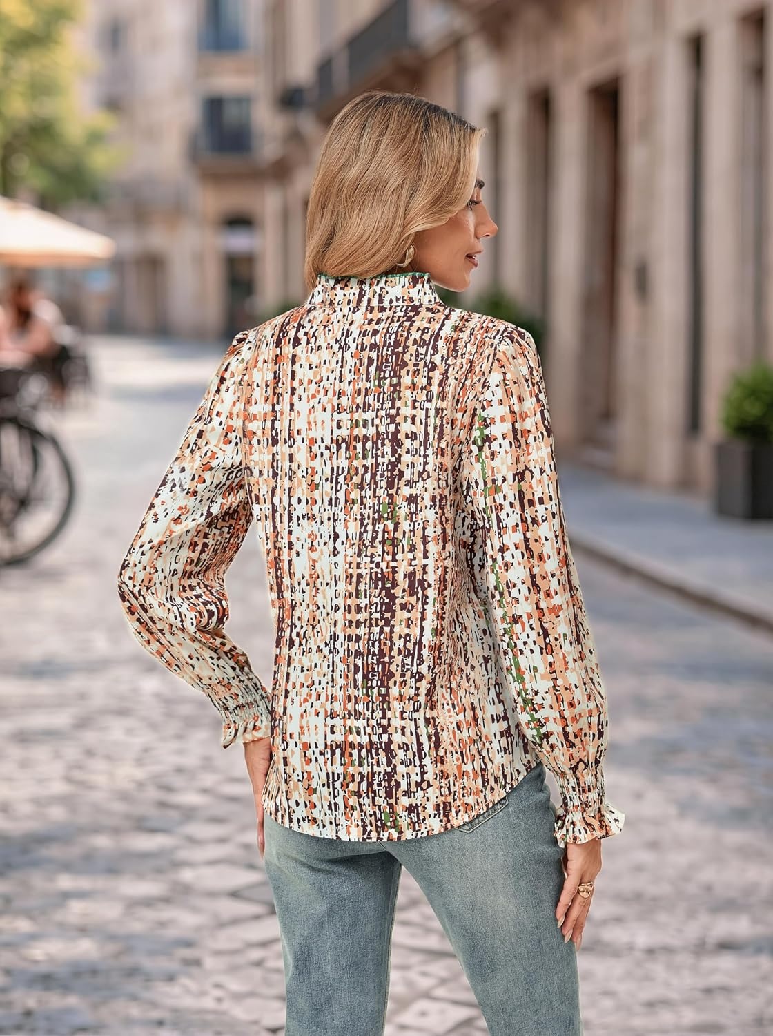image:imageGRACE KARIN Womens Floral Long Sleeve Tops 2026 Summer V Neck Chiffon Blouses Dressy Casual Print Work Shirts Boho ClothesBeige Brown Stripe