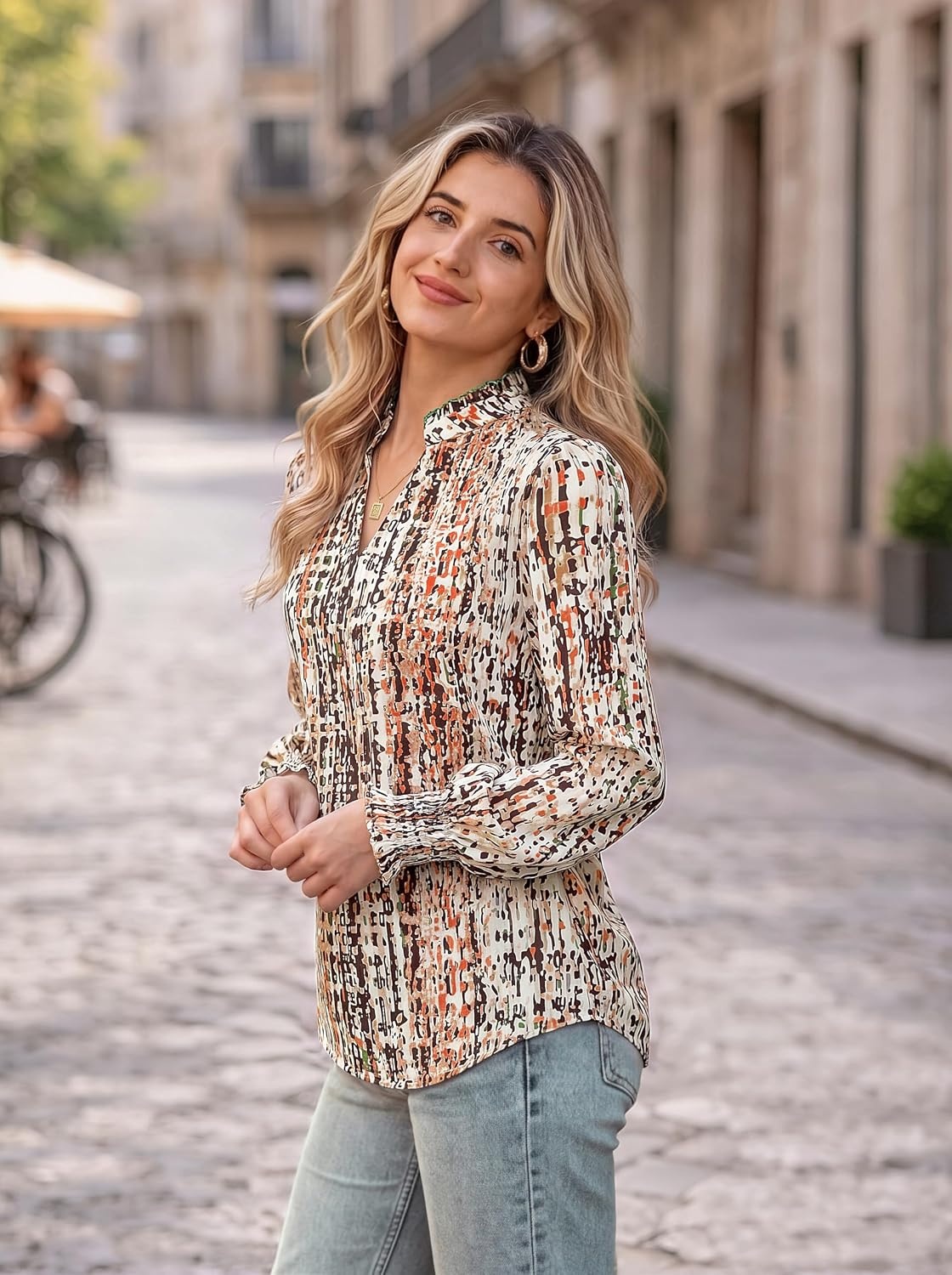 image:imageGRACE KARIN Womens Floral Long Sleeve Tops 2026 Summer V Neck Chiffon Blouses Dressy Casual Print Work Shirts Boho ClothesBeige Brown Stripe