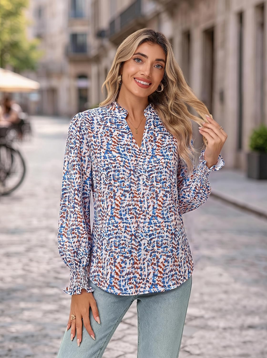image:imageGRACE KARIN Womens Floral Long Sleeve Tops 2026 Summer V Neck Chiffon Blouses Dressy Casual Print Work Shirts Boho ClothesBlue Orange Dot