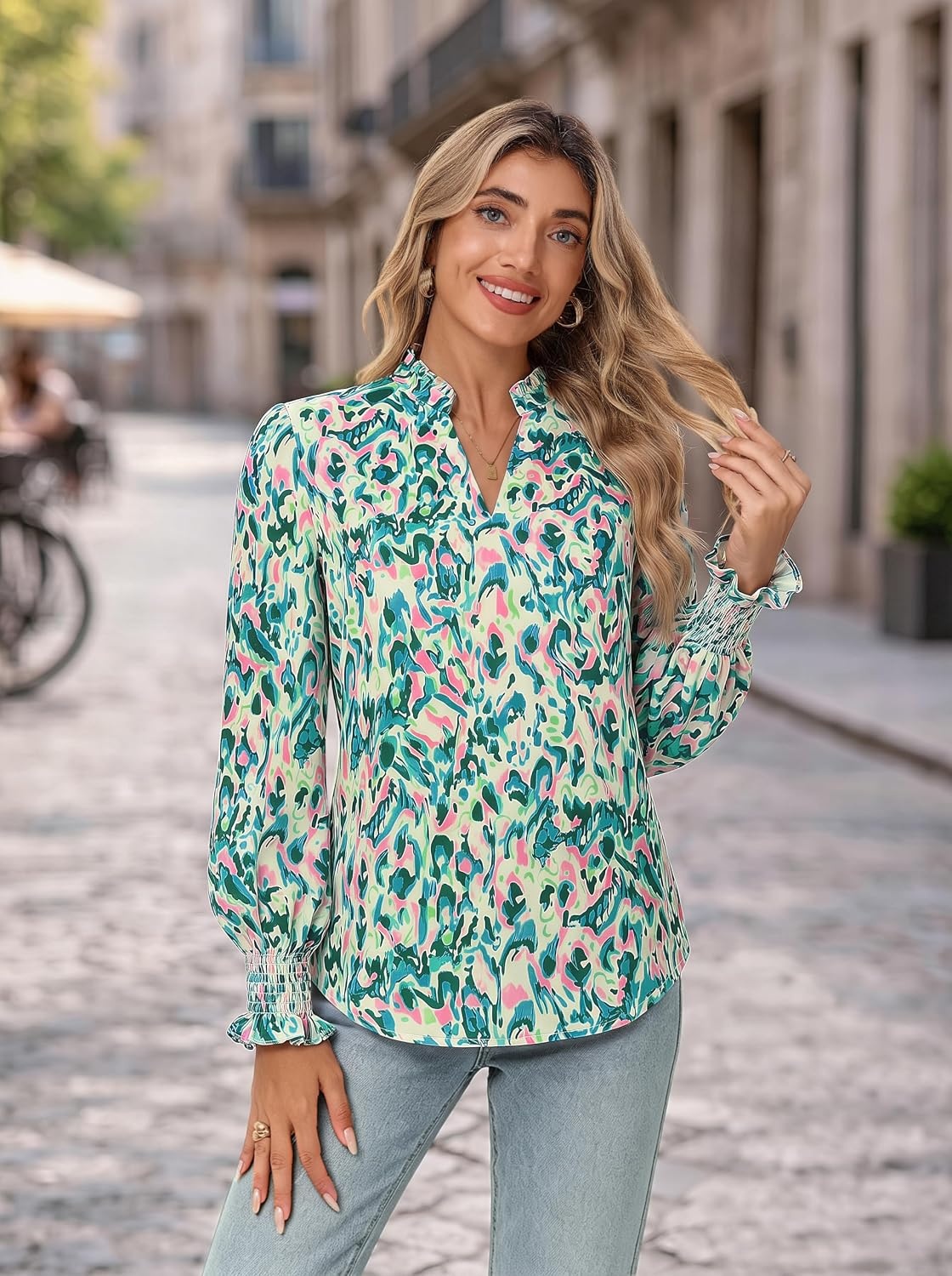 image:imageGRACE KARIN Womens Floral Long Sleeve Tops 2026 Summer V Neck Chiffon Blouses Dressy Casual Print Work Shirts Boho ClothesGreen Wave