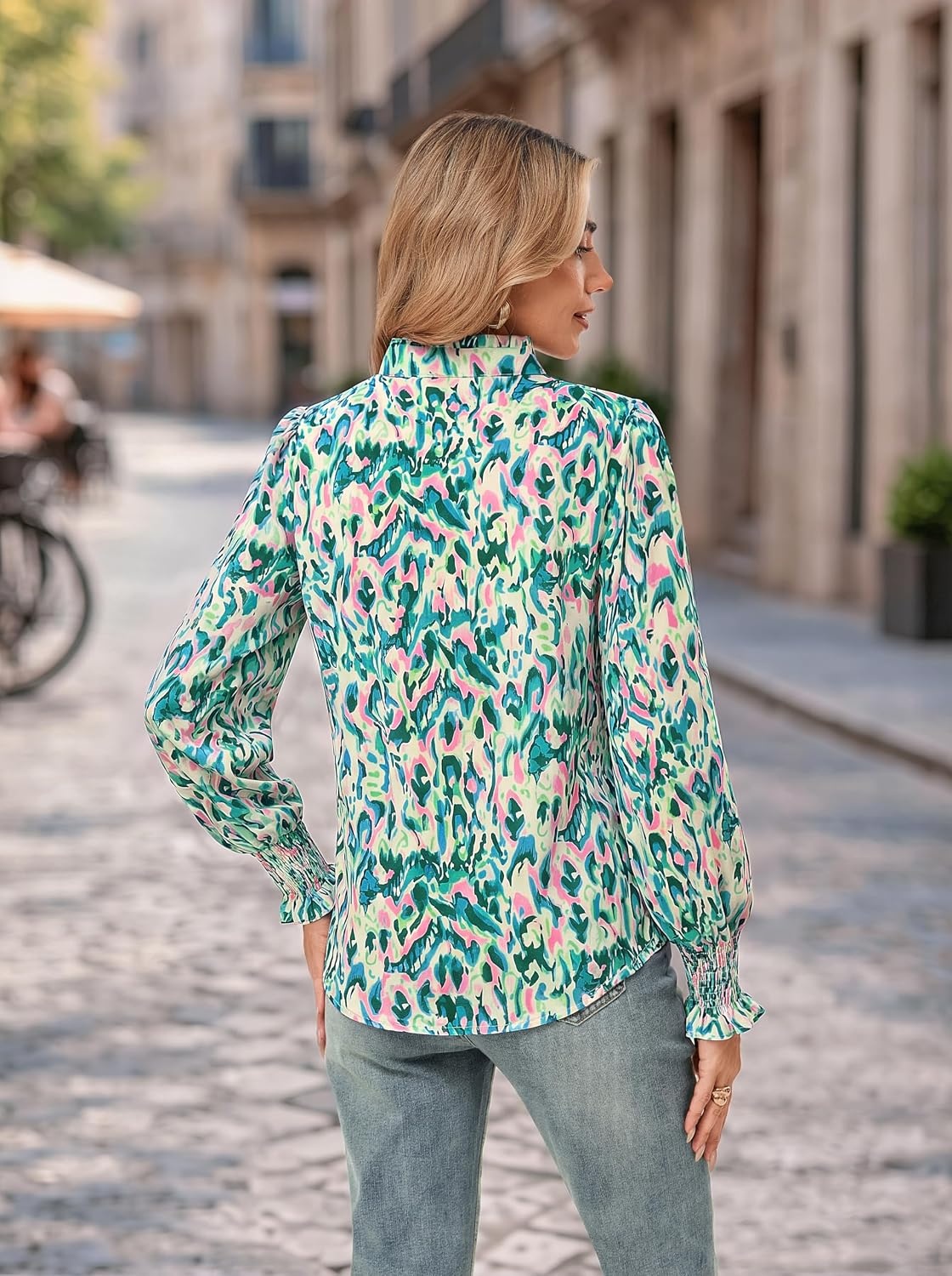 image:imageGRACE KARIN Womens Floral Long Sleeve Tops 2026 Summer V Neck Chiffon Blouses Dressy Casual Print Work Shirts Boho ClothesGreen Wave