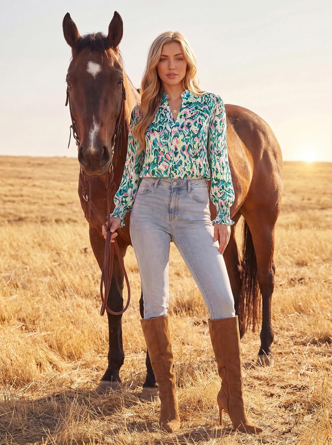 image:imageGRACE KARIN Womens Floral Long Sleeve Tops 2026 Summer V Neck Chiffon Blouses Dressy Casual Print Work Shirts Boho ClothesGreen Wave