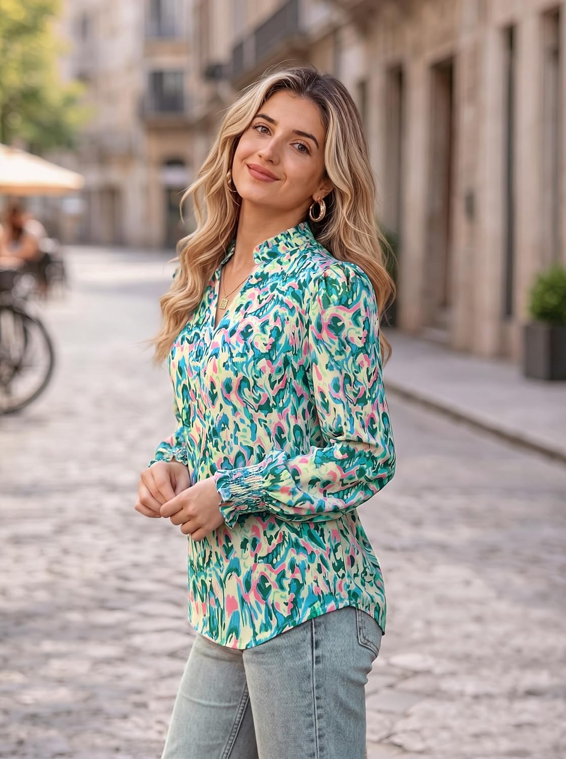 image:imageGRACE KARIN Womens Floral Long Sleeve Tops 2026 Summer V Neck Chiffon Blouses Dressy Casual Print Work Shirts Boho ClothesGreen Wave