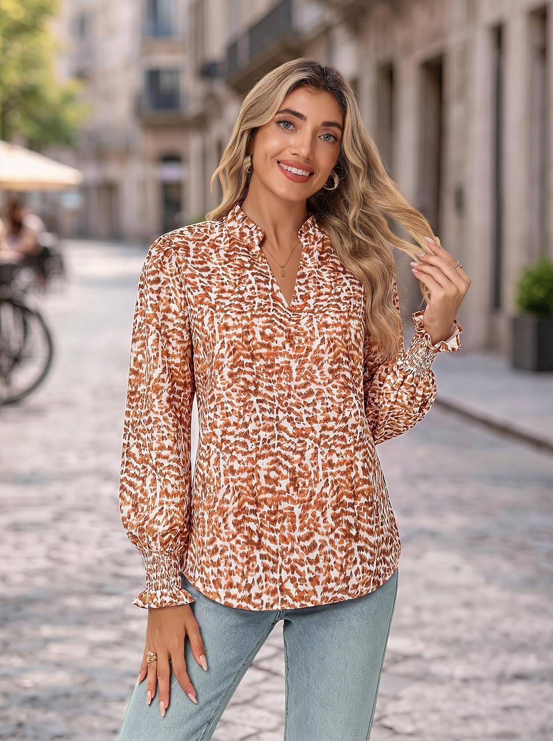 image:imageGRACE KARIN Womens Floral Long Sleeve Tops 2026 Summer V Neck Chiffon Blouses Dressy Casual Print Work Shirts Boho ClothesOrange Brown Dot
