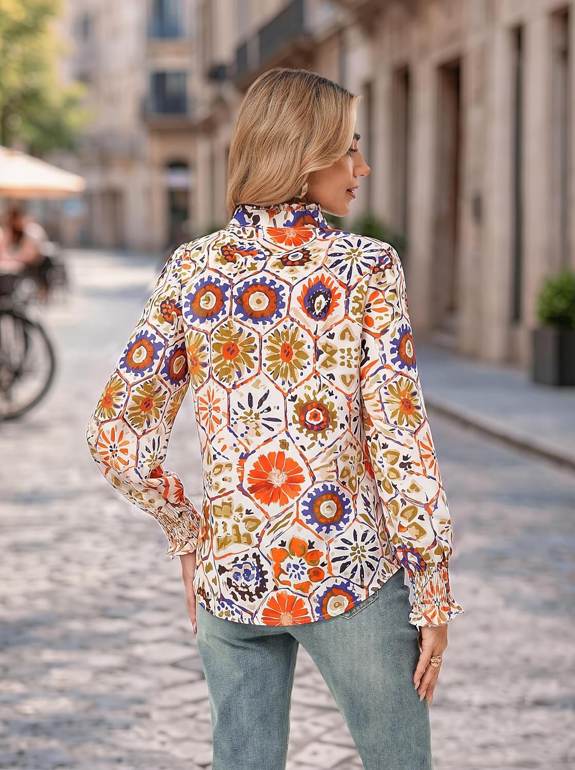 image:imageGRACE KARIN Womens Floral Long Sleeve Tops 2026 Summer V Neck Chiffon Blouses Dressy Casual Print Work Shirts Boho ClothesOrange Honeycomb Folk