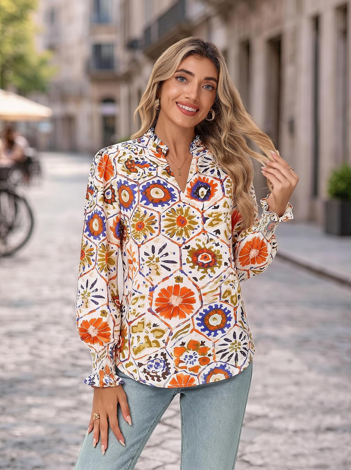 image:imageGRACE KARIN Womens Floral Long Sleeve Tops 2026 Summer V Neck Chiffon Blouses Dressy Casual Print Work Shirts Boho ClothesOrange Honeycomb Folk
