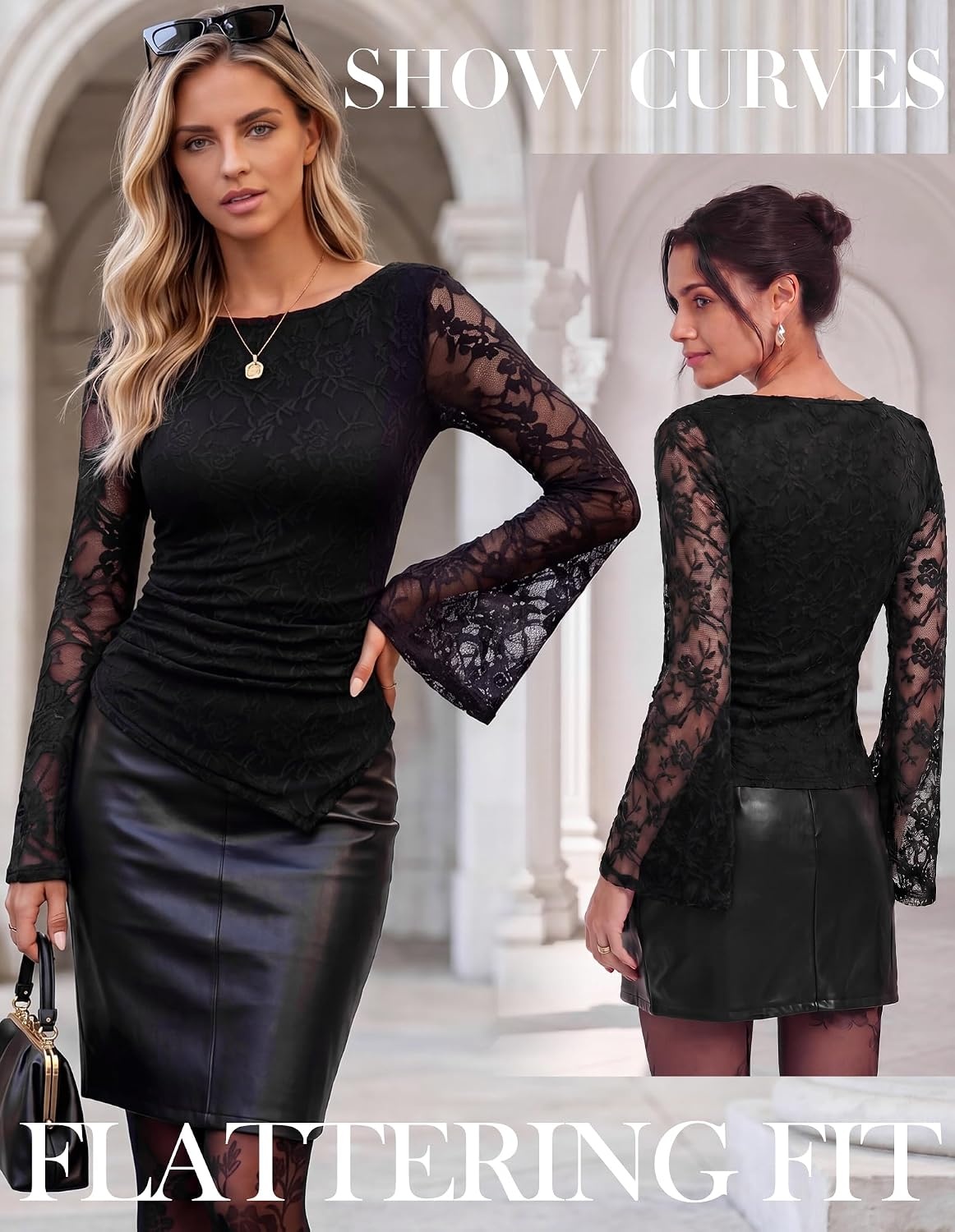 image:imageGRACE KARIN Womens Lace Long Sleeve Going Out Tops 2026 Fall Ruched Y2K Clothes Bell Sleeve Boat Neck Cute Shirt AsymmetricalBlack Rose Lace