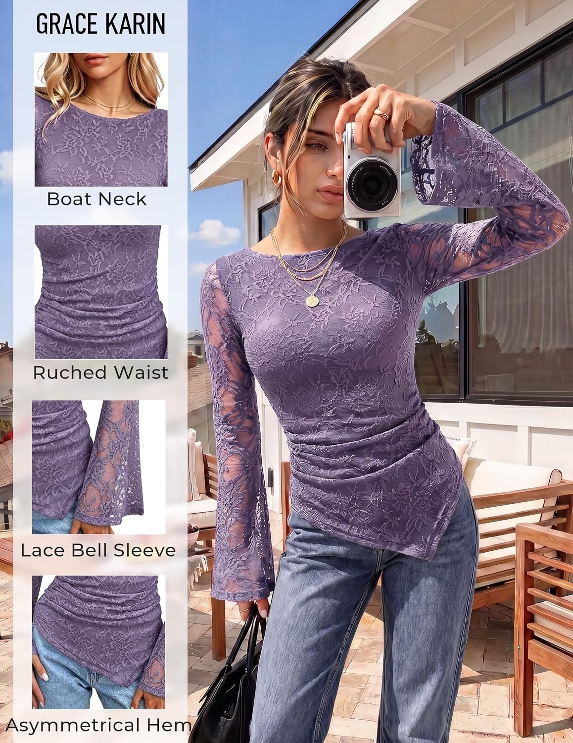 image:imageGRACE KARIN Womens Lace Long Sleeve Going Out Tops 2026 Fall Ruched Y2K Clothes Bell Sleeve Boat Neck Cute Shirt AsymmetricalDusty Purple Rose Lace
