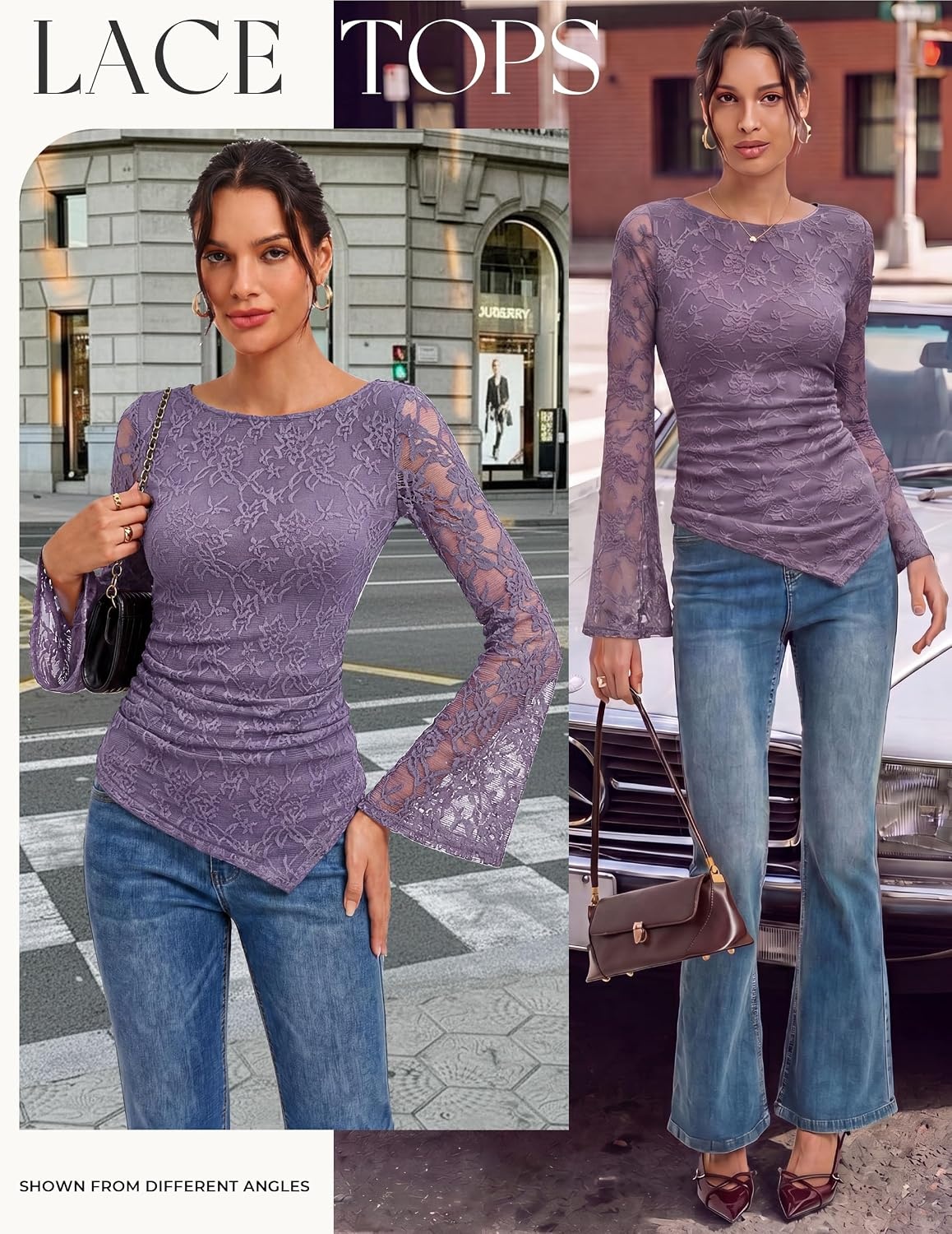 image:imageGRACE KARIN Womens Lace Long Sleeve Going Out Tops 2026 Fall Ruched Y2K Clothes Bell Sleeve Boat Neck Cute Shirt AsymmetricalDusty Purple Rose Lace