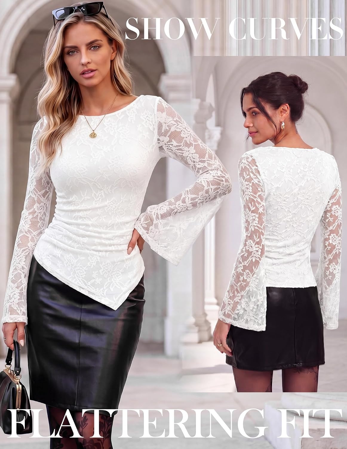 image:imageGRACE KARIN Womens Lace Long Sleeve Going Out Tops 2026 Fall Ruched Y2K Clothes Bell Sleeve Boat Neck Cute Shirt AsymmetricalWhite Rose Lace