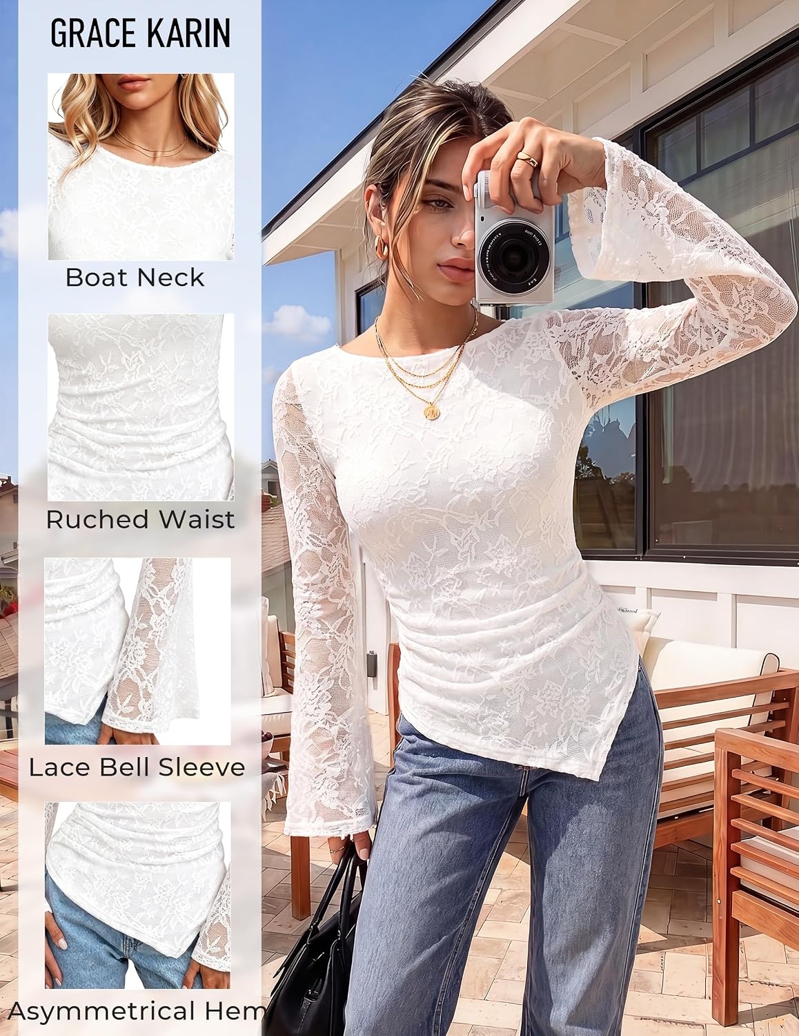 image:imageGRACE KARIN Womens Lace Long Sleeve Going Out Tops 2026 Fall Ruched Y2K Clothes Bell Sleeve Boat Neck Cute Shirt AsymmetricalWhite Rose Lace