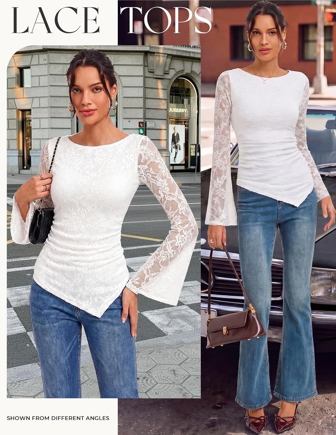 image:imageGRACE KARIN Womens Lace Long Sleeve Going Out Tops 2026 Fall Ruched Y2K Clothes Bell Sleeve Boat Neck Cute Shirt AsymmetricalWhite Rose Lace