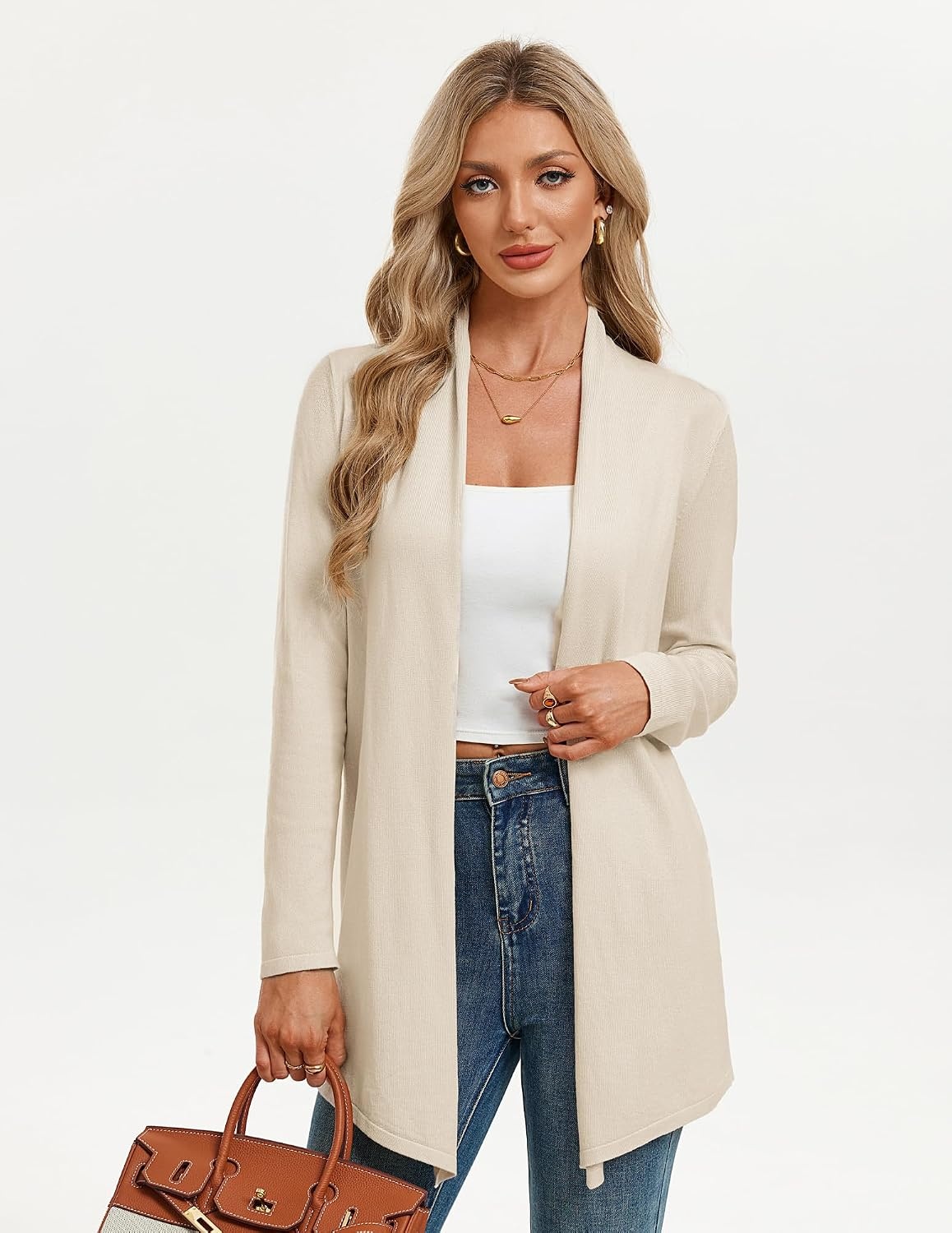 image:imageGRACE KARIN Womens Lightweight Long Sleeve Cardigan Sweaters Open Front Knit Draped Cardigans Business Casual CoatsBeige