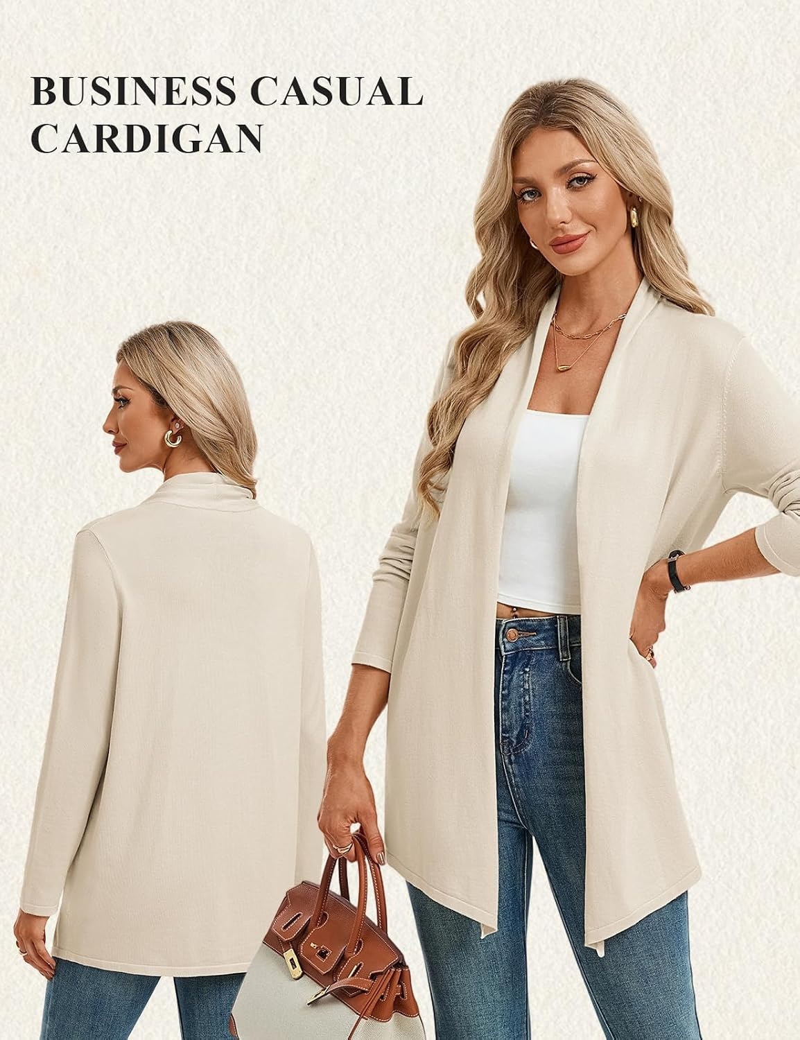 image:imageGRACE KARIN Womens Lightweight Long Sleeve Cardigan Sweaters Open Front Knit Draped Cardigans Business Casual CoatsBeige