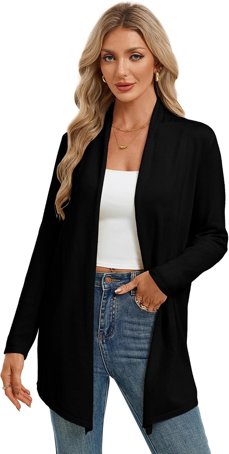 image:imageGRACE KARIN Womens Lightweight Long Sleeve Cardigan Sweaters Open Front Knit Draped Cardigans Business Casual CoatsBlack